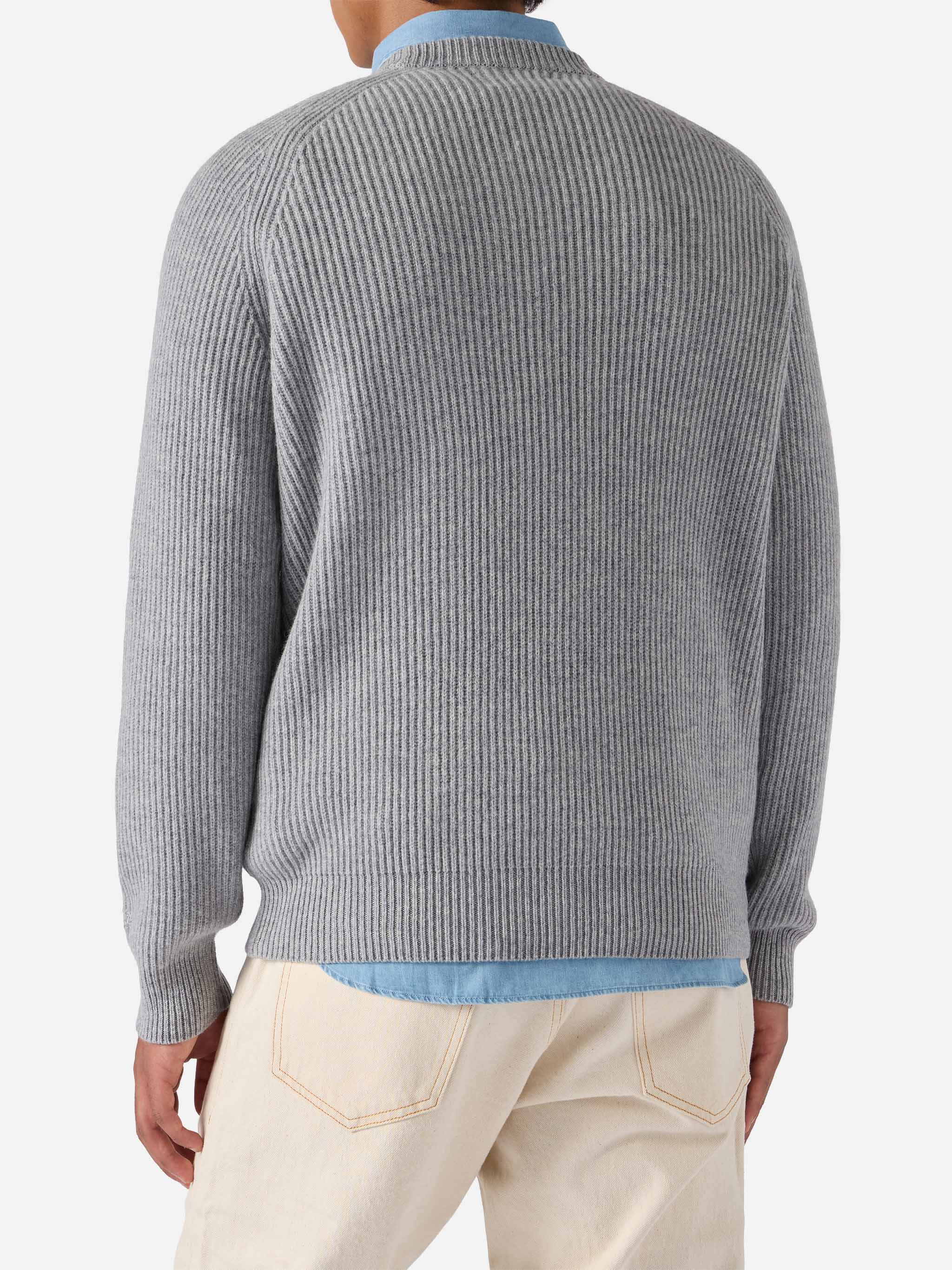 Marine Pure-Wool Sweater Grey Melange With English Rib Knit