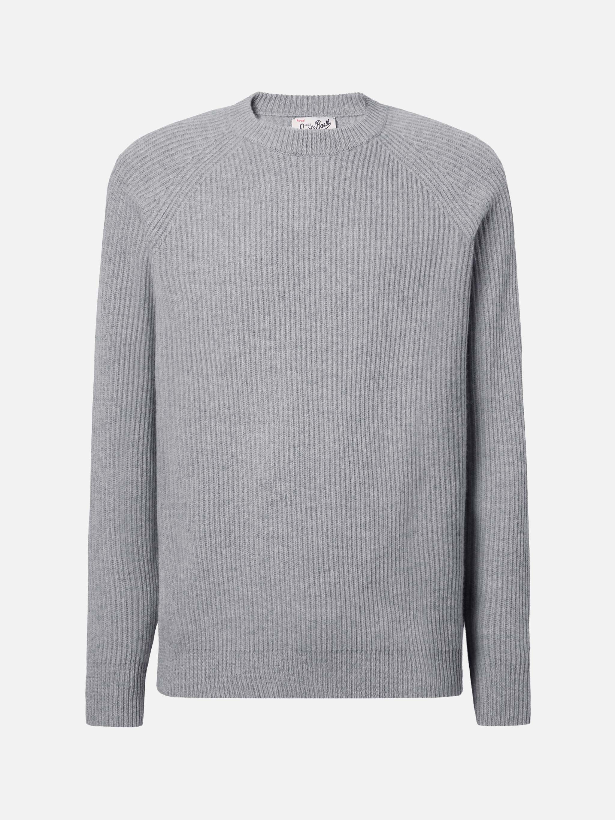 Marine Pure-Wool Sweater Grey Melange With English Rib Knit