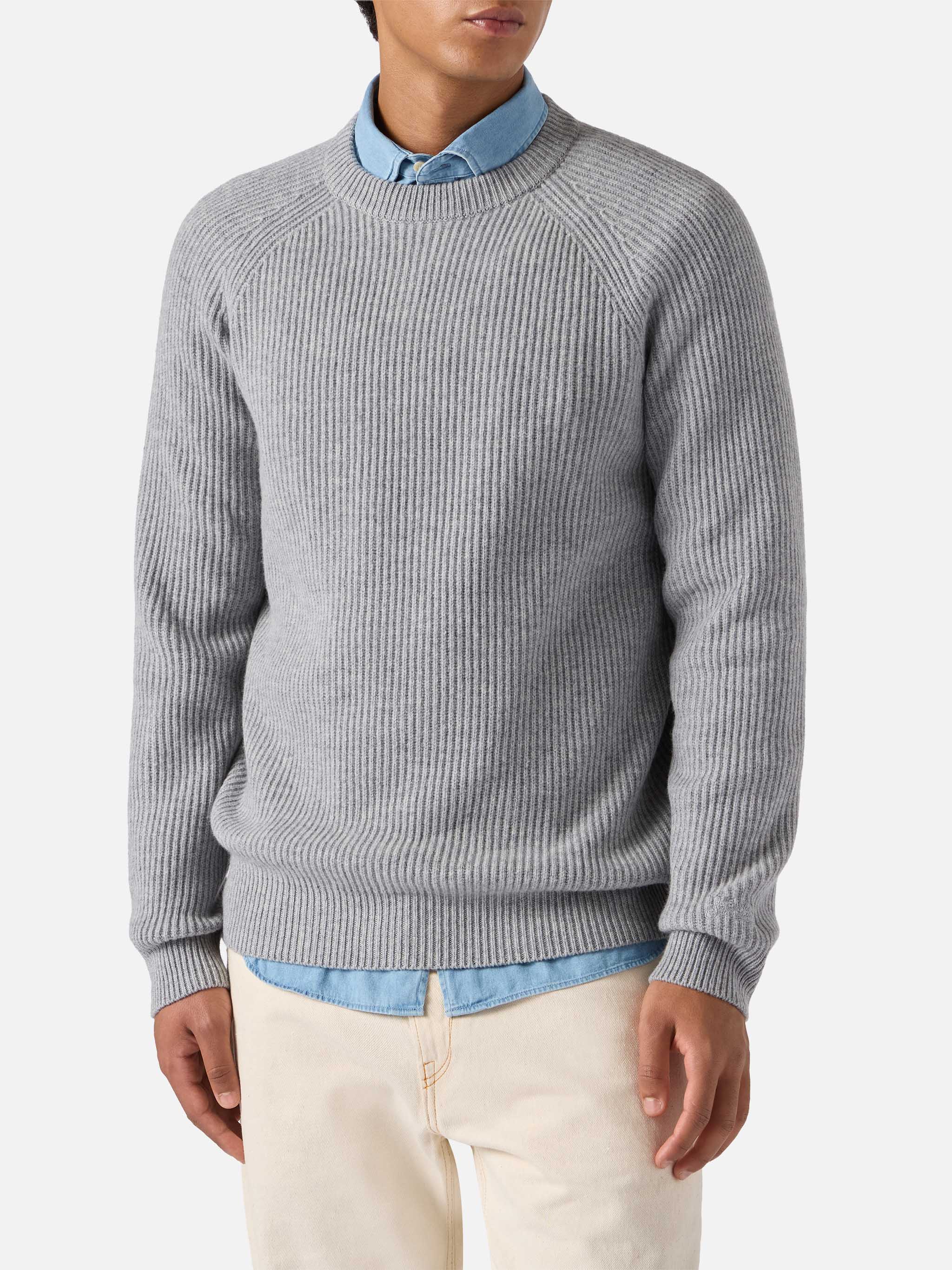 Marine Pure-Wool Sweater Grey Melange With English Rib Knit