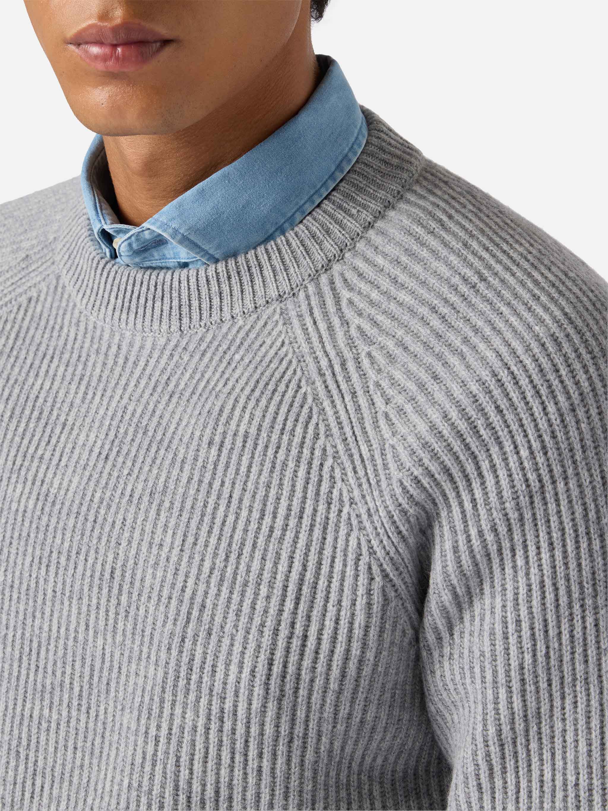 Marine Pure-Wool Sweater Grey Melange With English Rib Knit