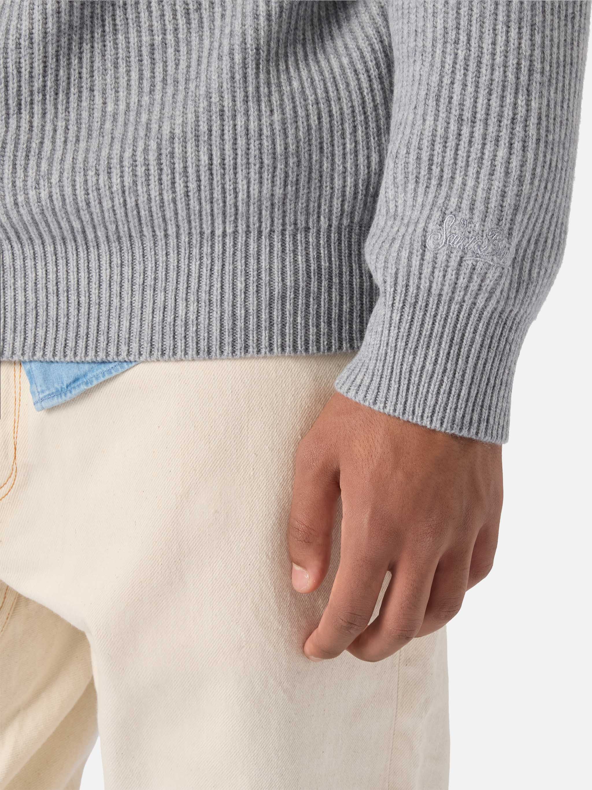 Marine Pure-Wool Sweater Grey Melange With English Rib Knit