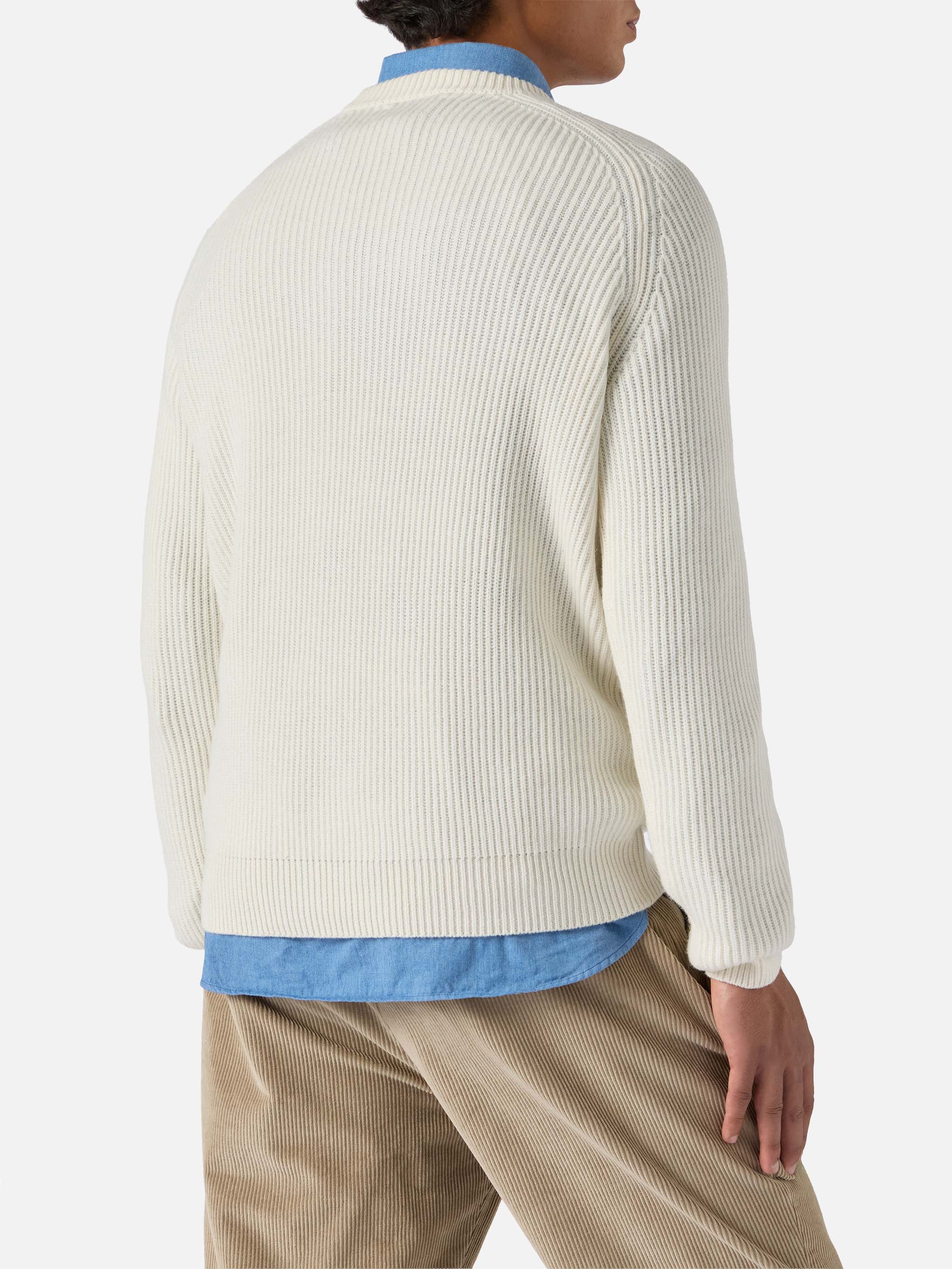 Marine Pure-Wool Sweater White With English Rib Knit