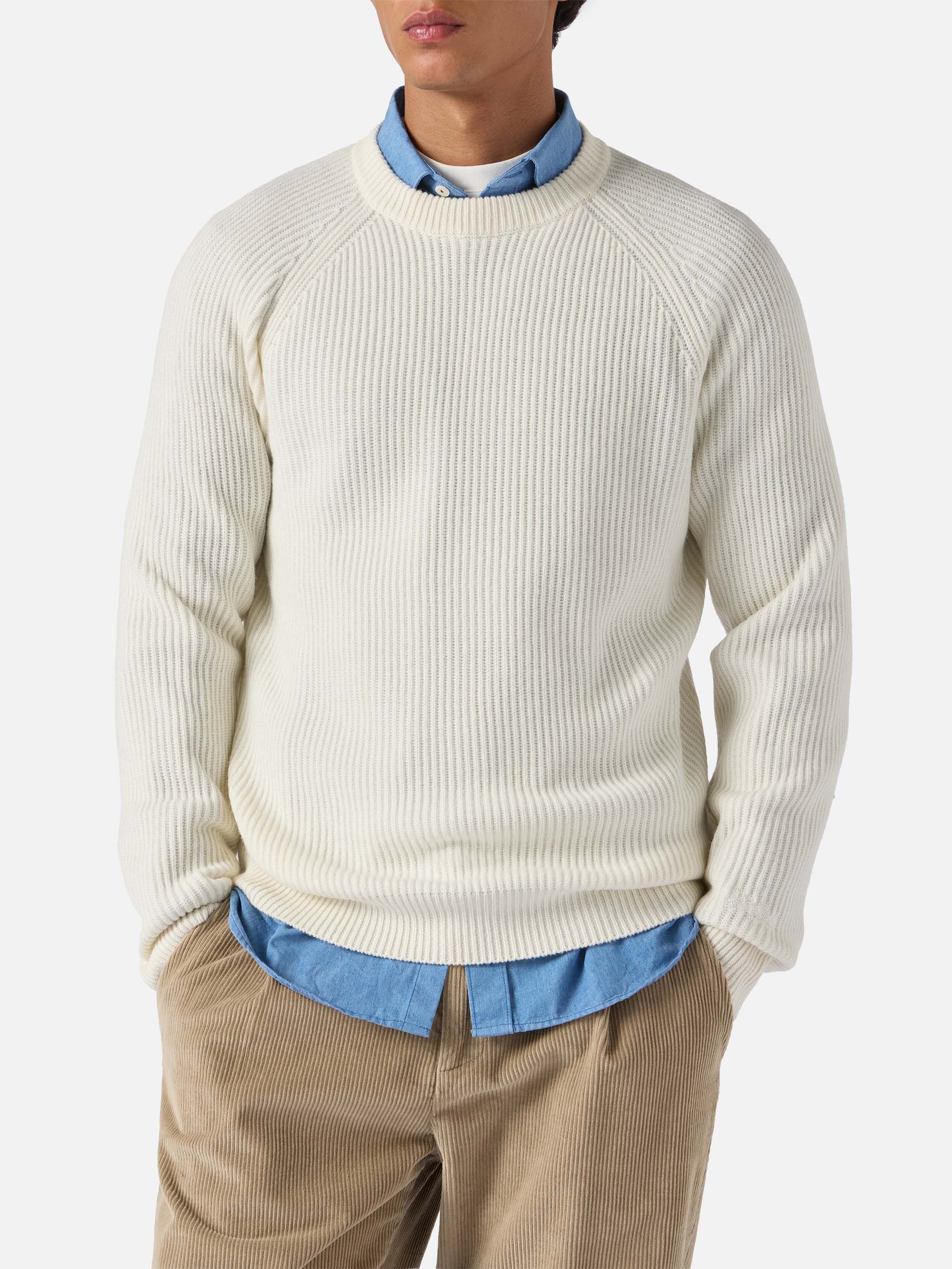 Marine Pure-Wool Sweater White With English Rib Knit