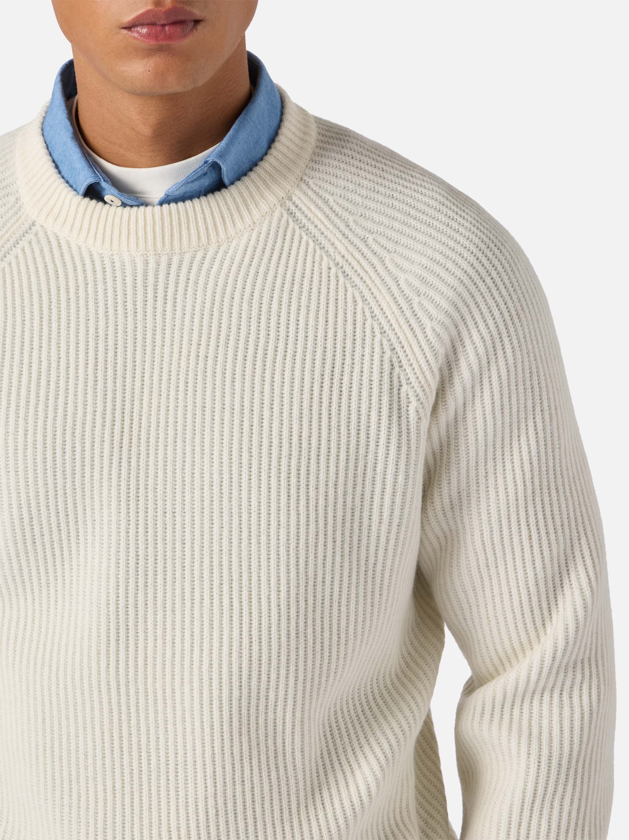 Marine Pure-Wool Sweater White With English Rib Knit