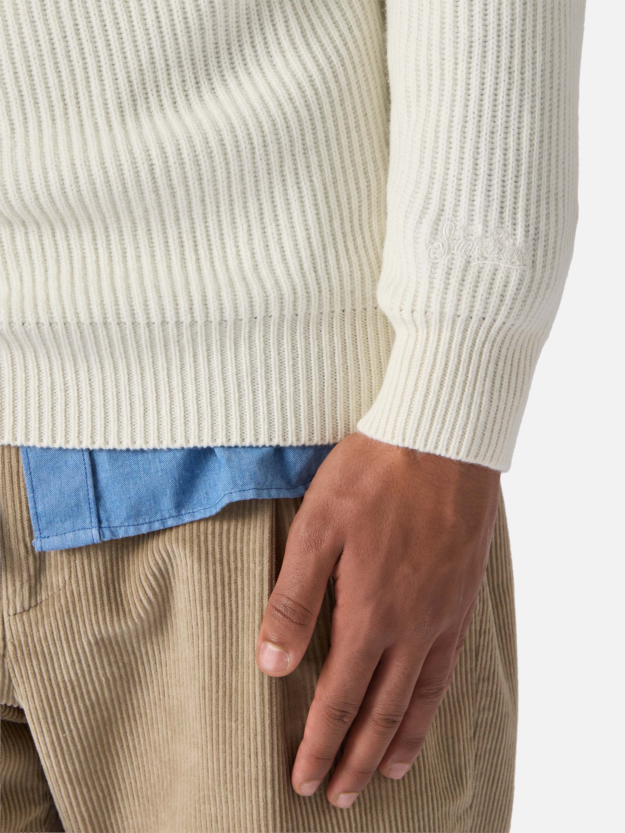 Marine Pure-Wool Sweater White With English Rib Knit