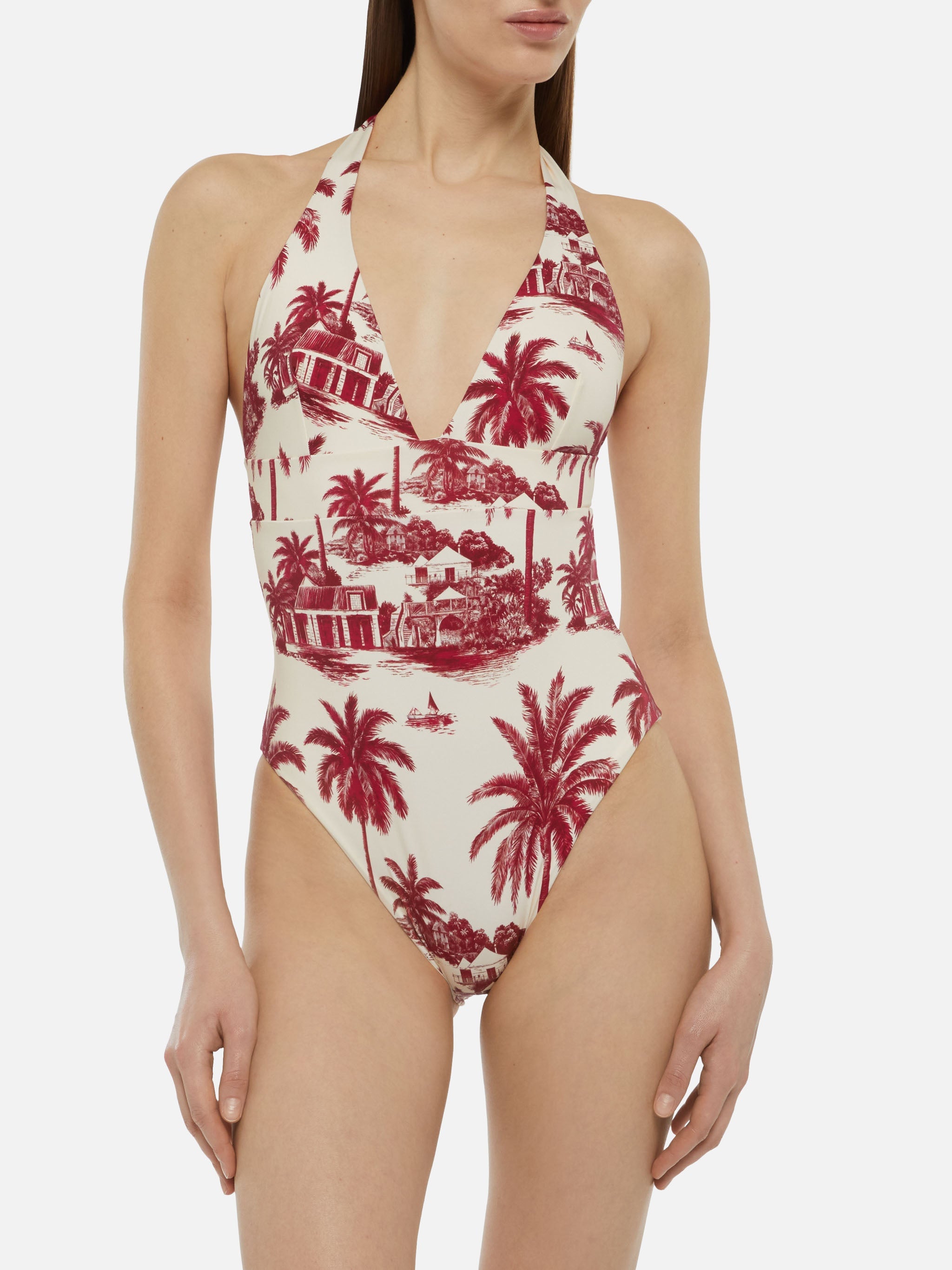 Marylin One-Piece Swimsuit With Toile De Jouy Print | Ai Co-Created Design By Rickdick - Powered Red-Eye White One Piece