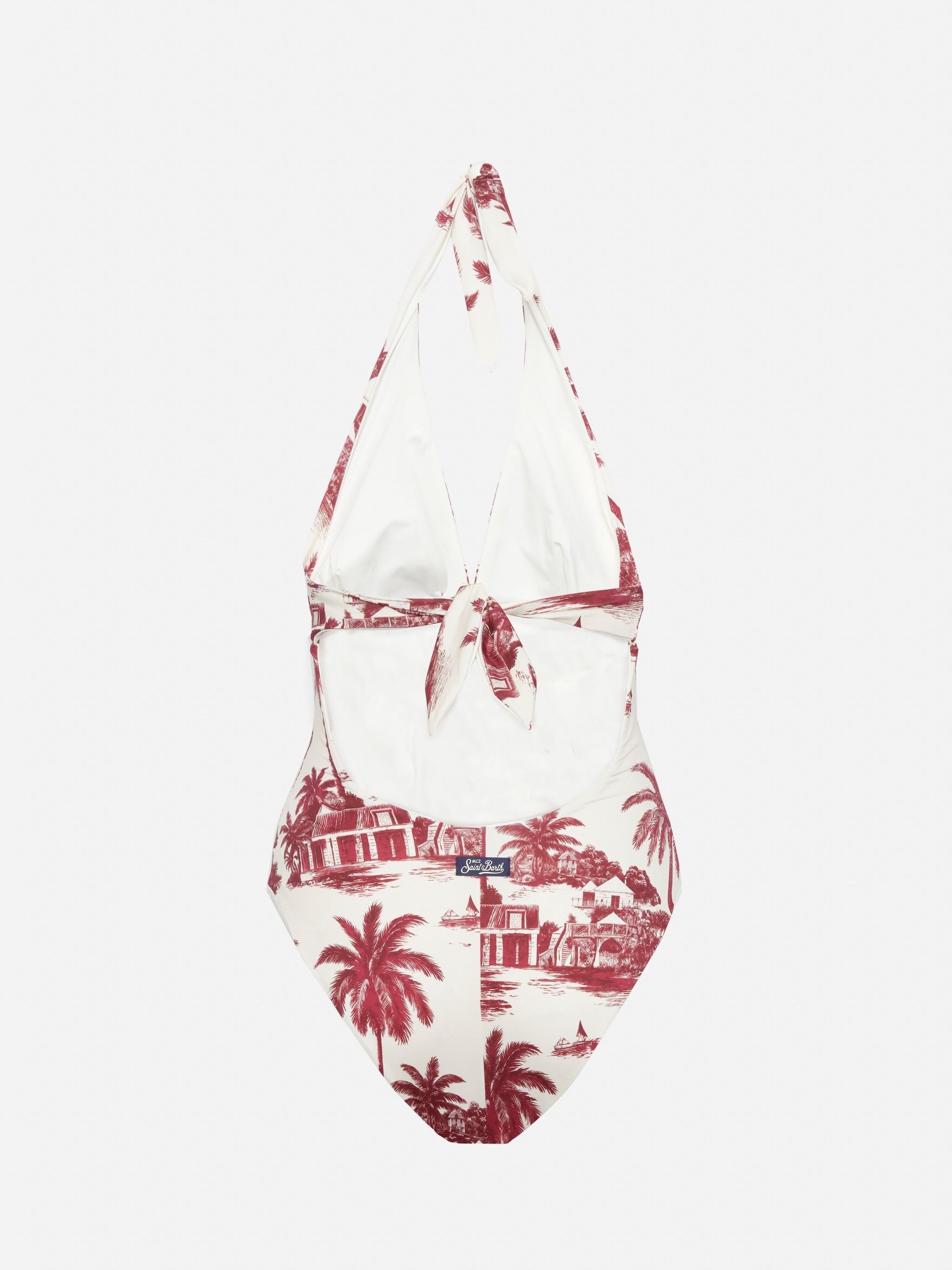 Marylin One-Piece Swimsuit With Toile De Jouy Print | Ai Co-Created Design By Rickdick - Powered Red-Eye White One Piece