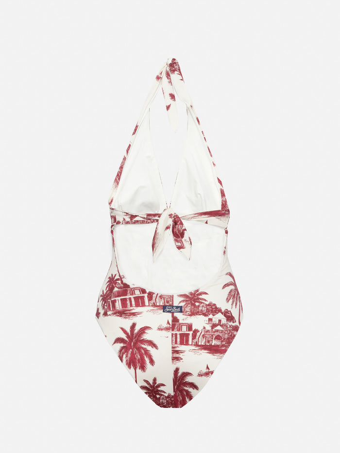 Marylin One-Piece Swimsuit With Toile De Jouy Print | Ai Co-Created Design By Rickdick - Powered Red-Eye White One Piece