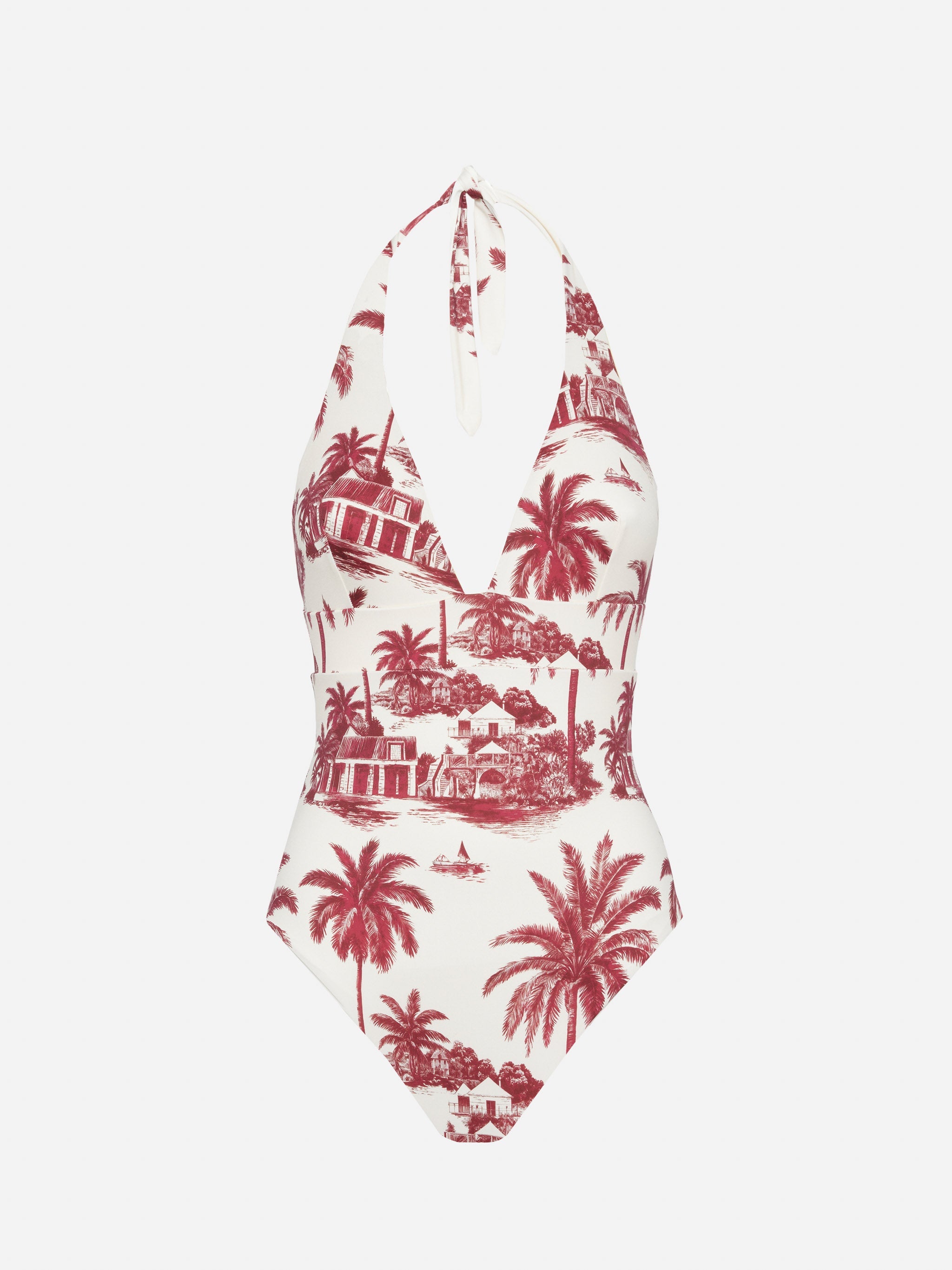 Marylin One-Piece Swimsuit With Toile De Jouy Print | Ai Co-Created Design By Rickdick - Powered Red-Eye White One Piece