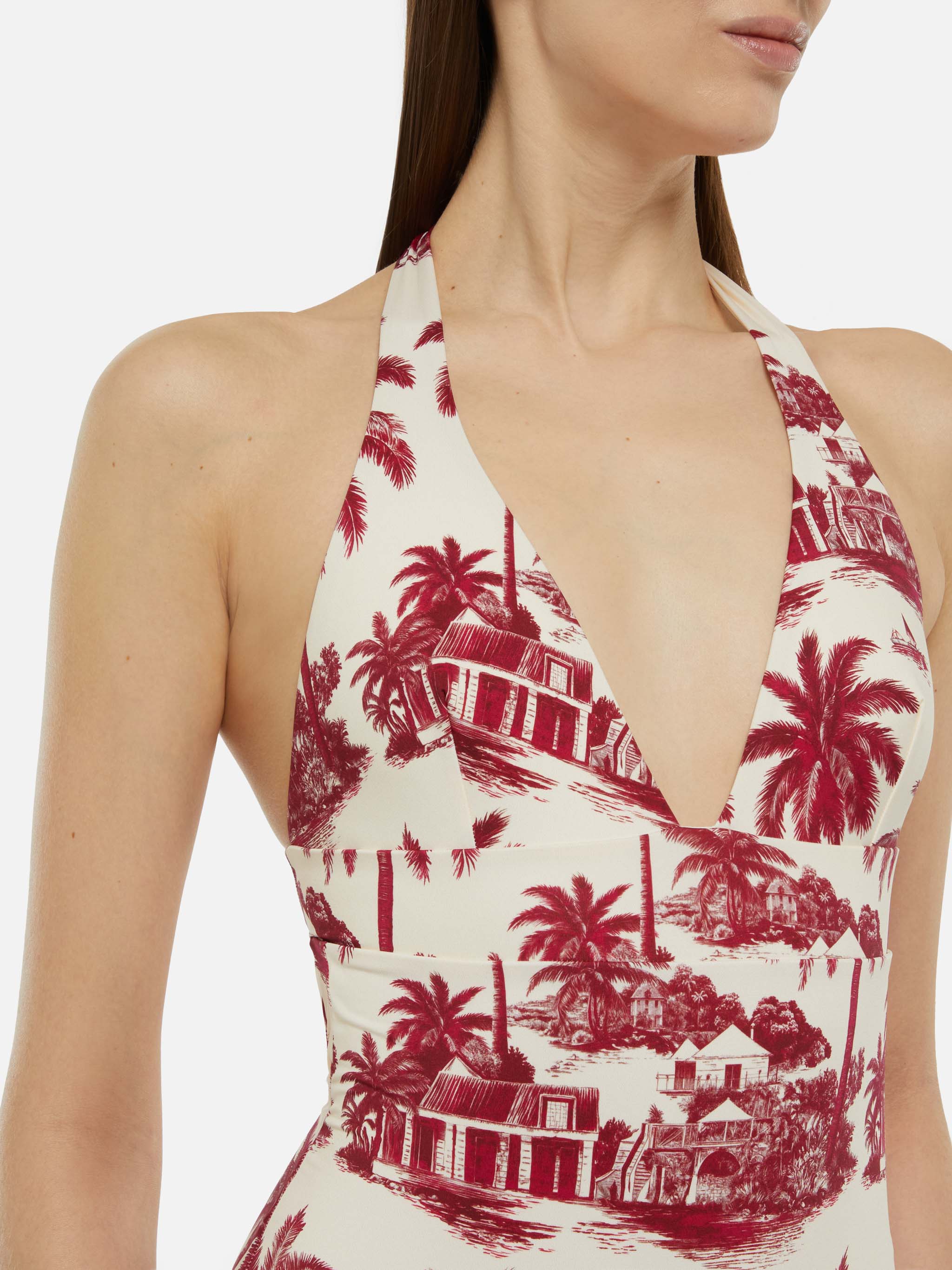 Marylin One-Piece Swimsuit With Toile De Jouy Print | Ai Co-Created Design By Rickdick - Powered Red-Eye White One Piece