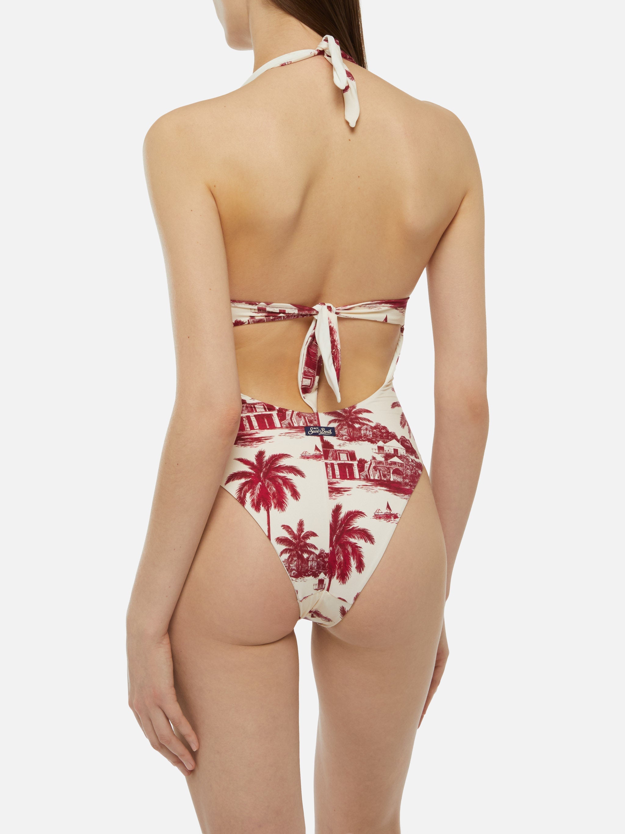 Marylin One-Piece Swimsuit With Toile De Jouy Print | Ai Co-Created Design By Rickdick - Powered Red-Eye White One Piece