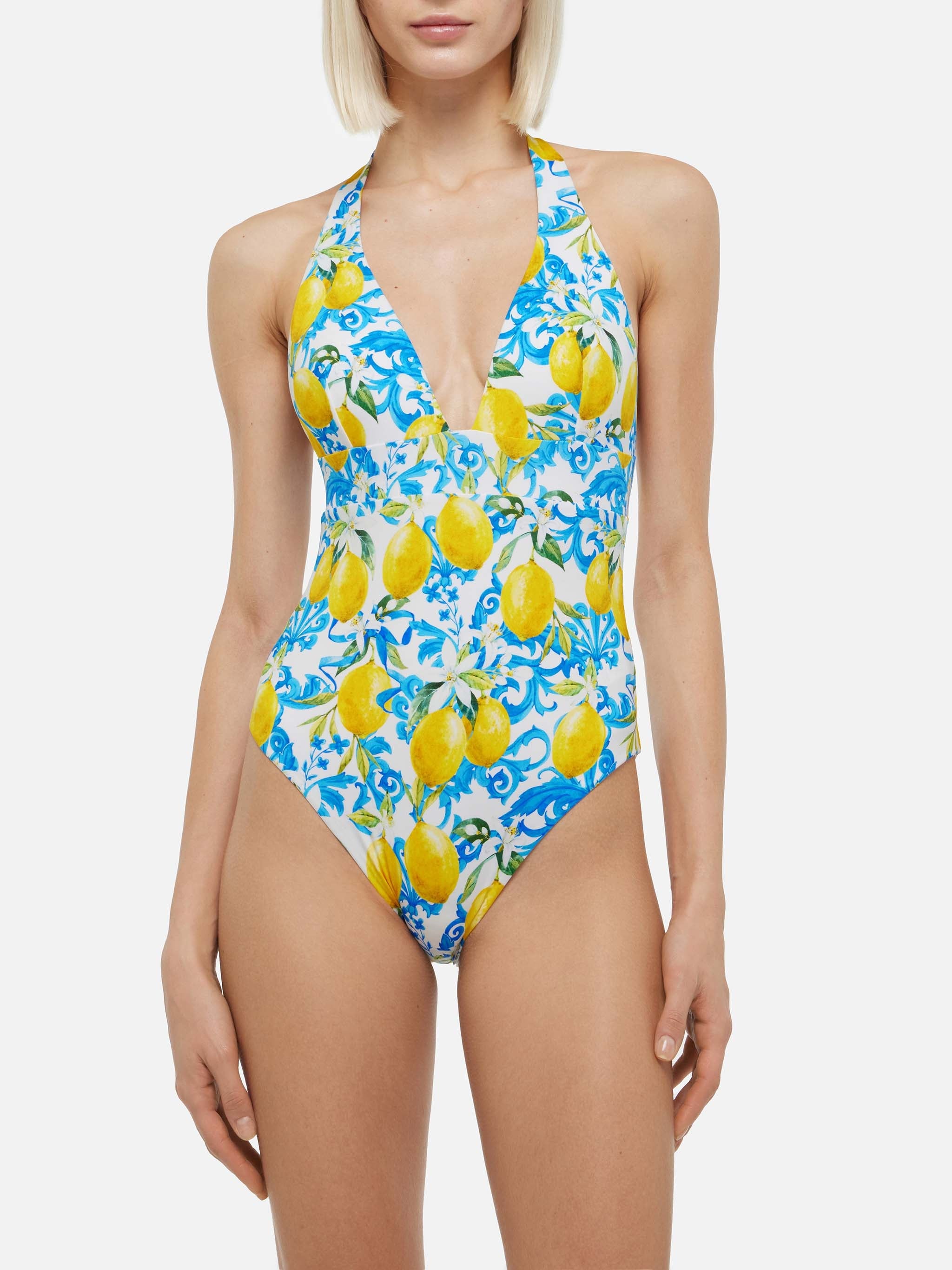 Marylin One-Piece Swimsuit With Majolica Print White One Piece