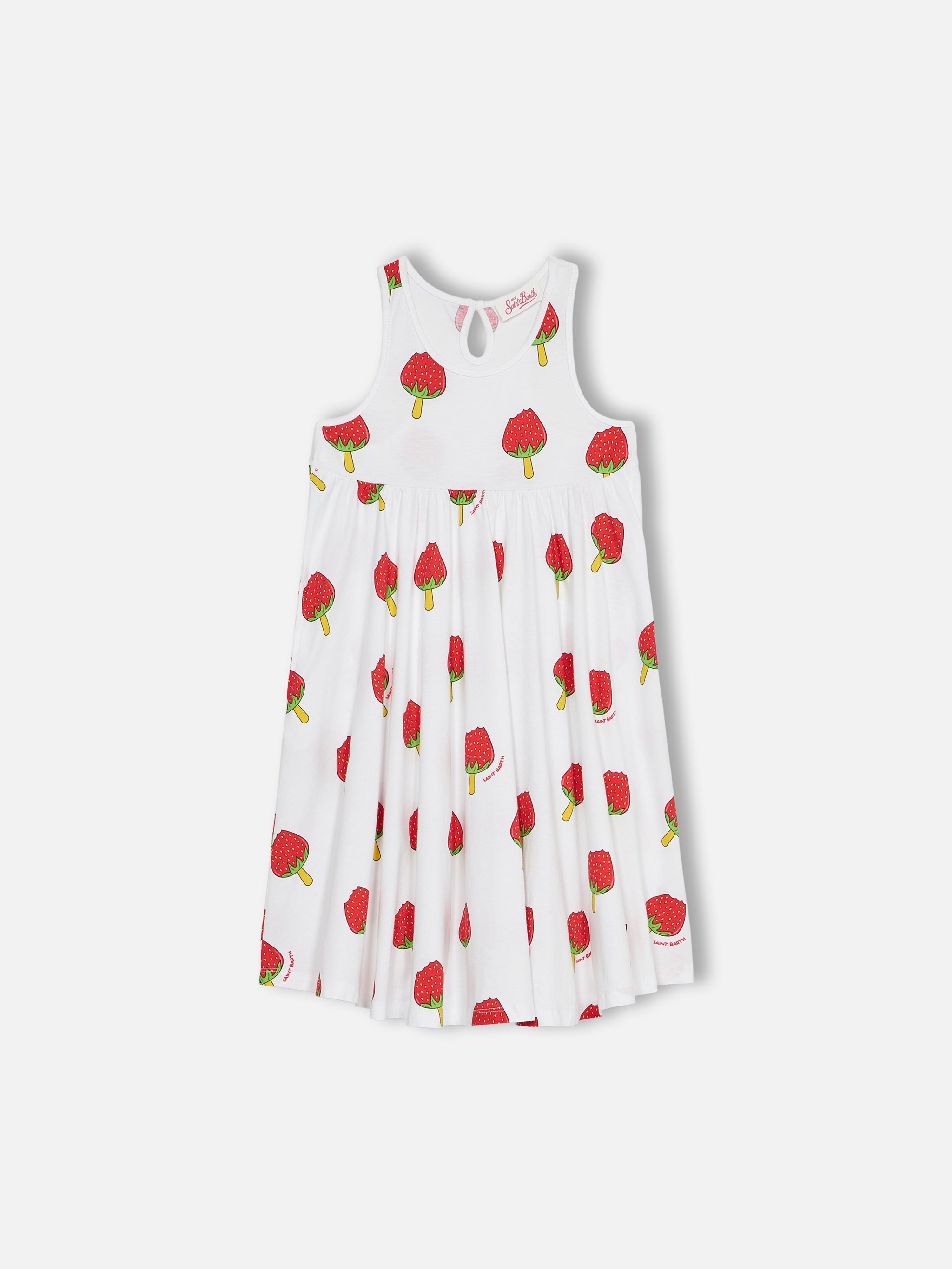 Girl Cotton Dress Masha With Strawberry Popsicle Print White