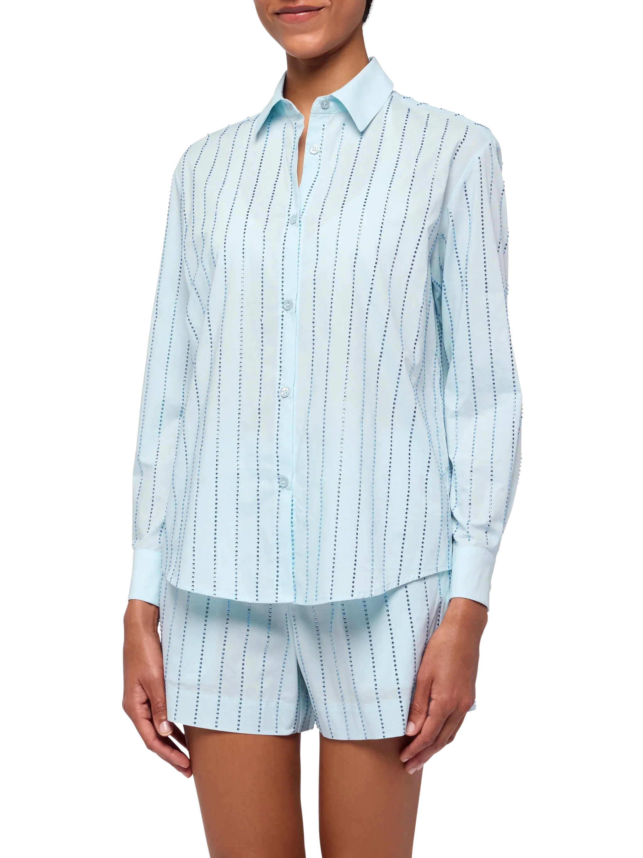 Meredith Cotton Popeline Classic Shirt With Striped Rhinestone Embellishment Blue