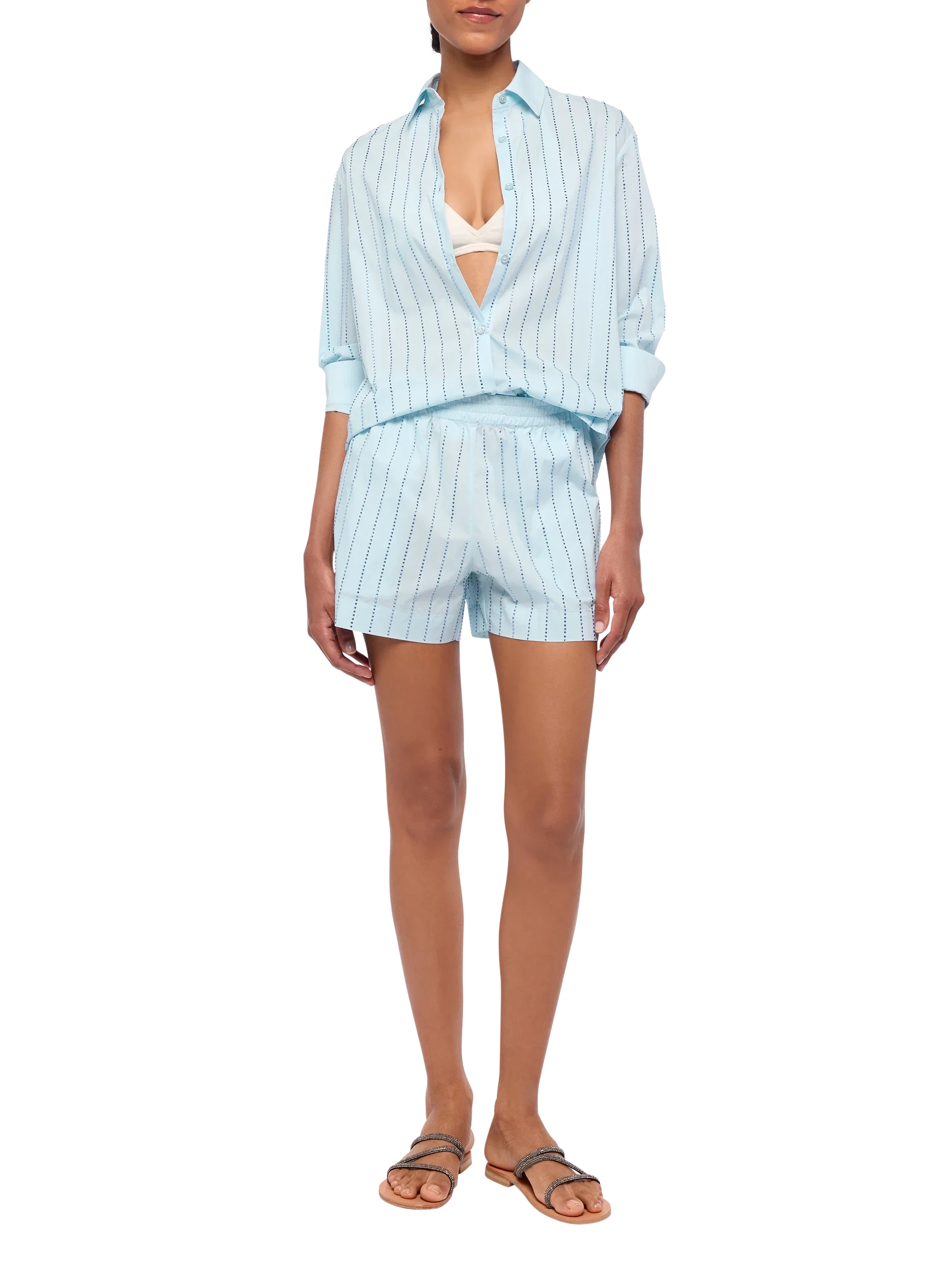 Meredith Cotton Popeline Classic Shirt With Striped Rhinestone Embellishment Blue