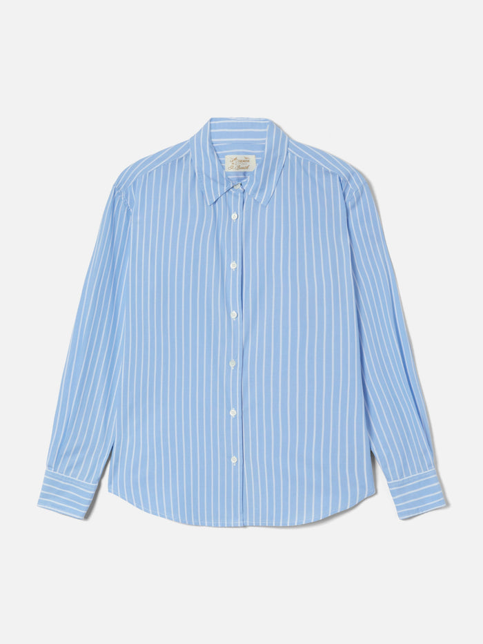 Meredith Cotton Shirt With Light Blue Stripes And St. Barth Queen Embroidery