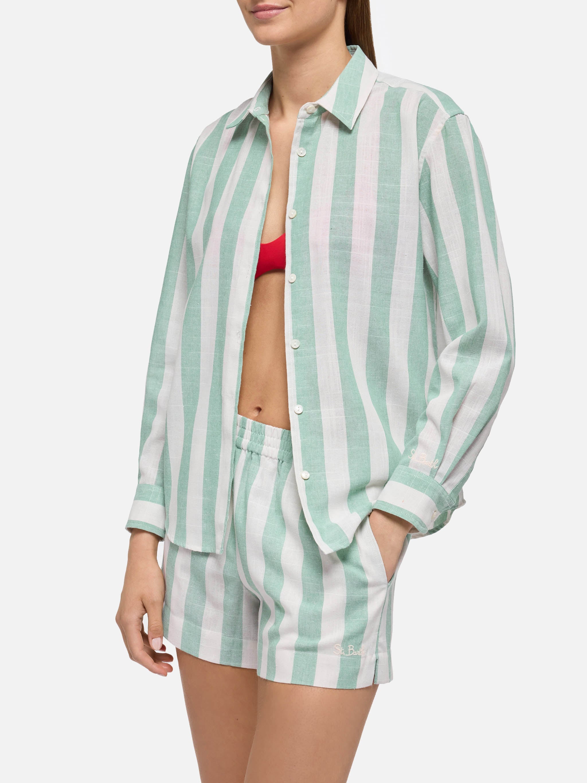 Meredith Classic Shirt With Sage Green Striped Print