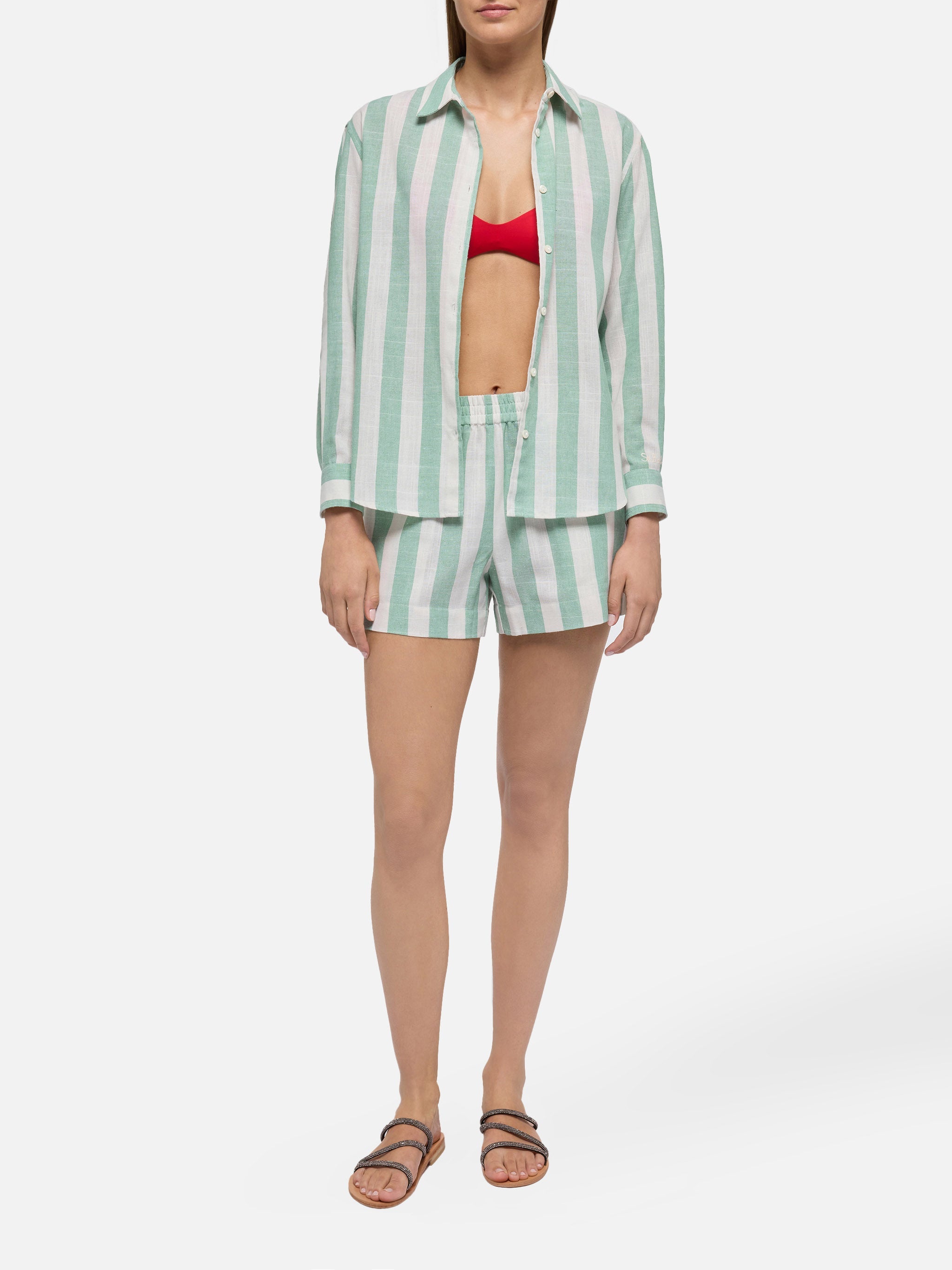 Meredith Classic Shirt With Sage Green Striped Print