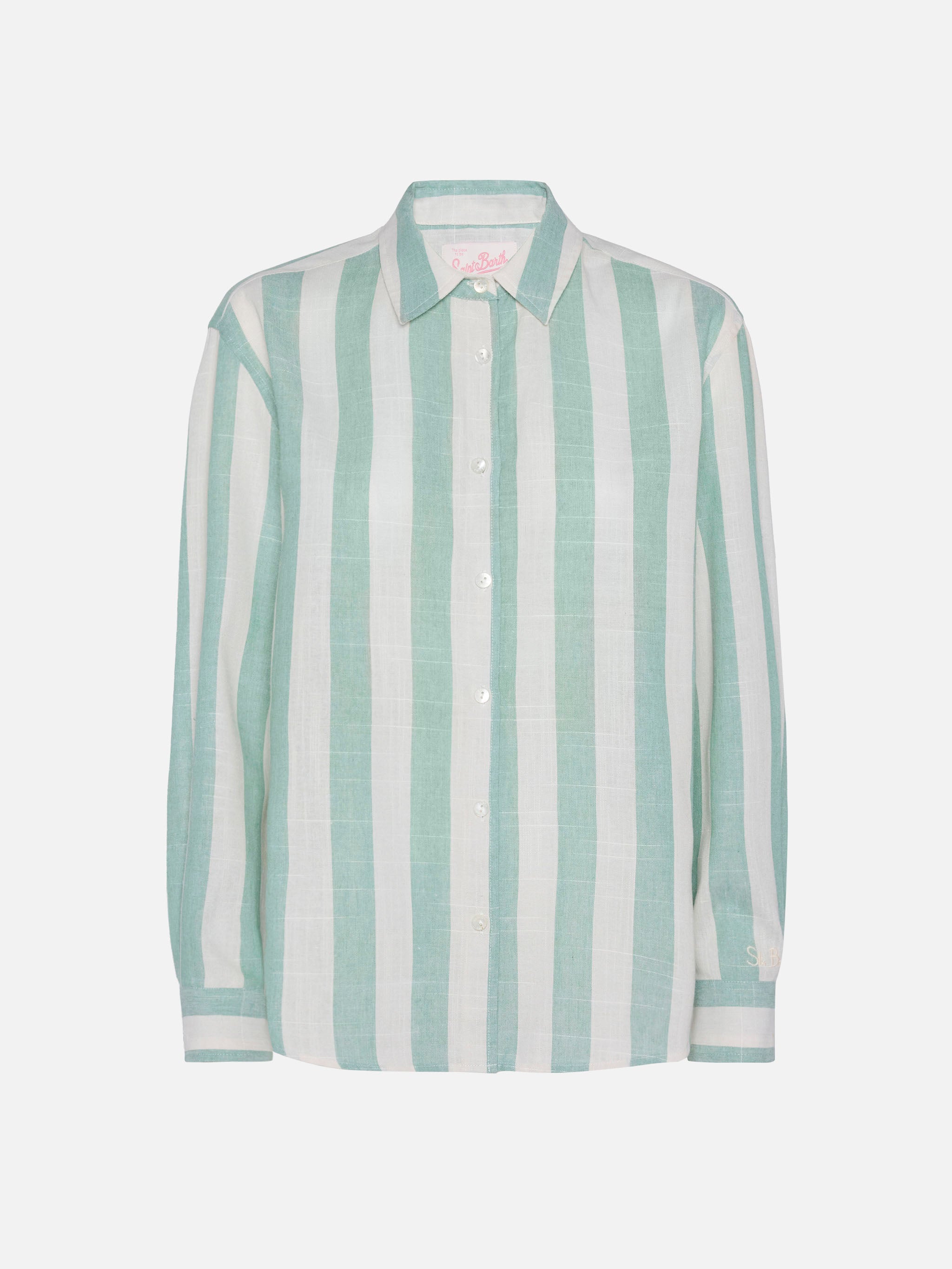 Meredith Classic Shirt With Sage Green Striped Print