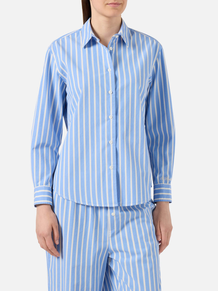 Meredith Cotton Shirt With Light Blue Stripes And Saint Barth Embroidery