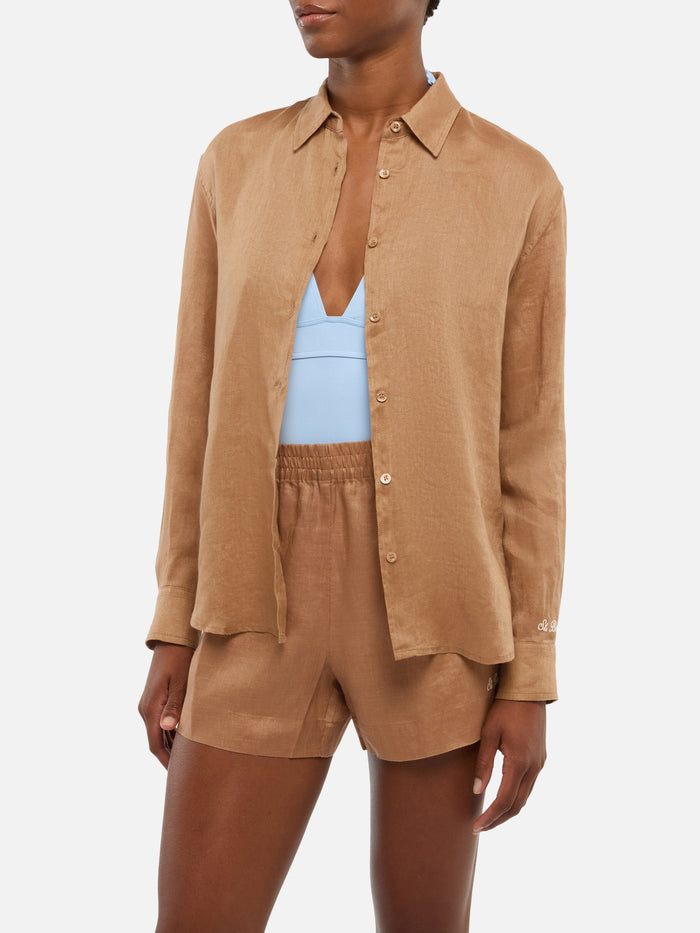 Meredith Camel Linen Classic Shirt Brown