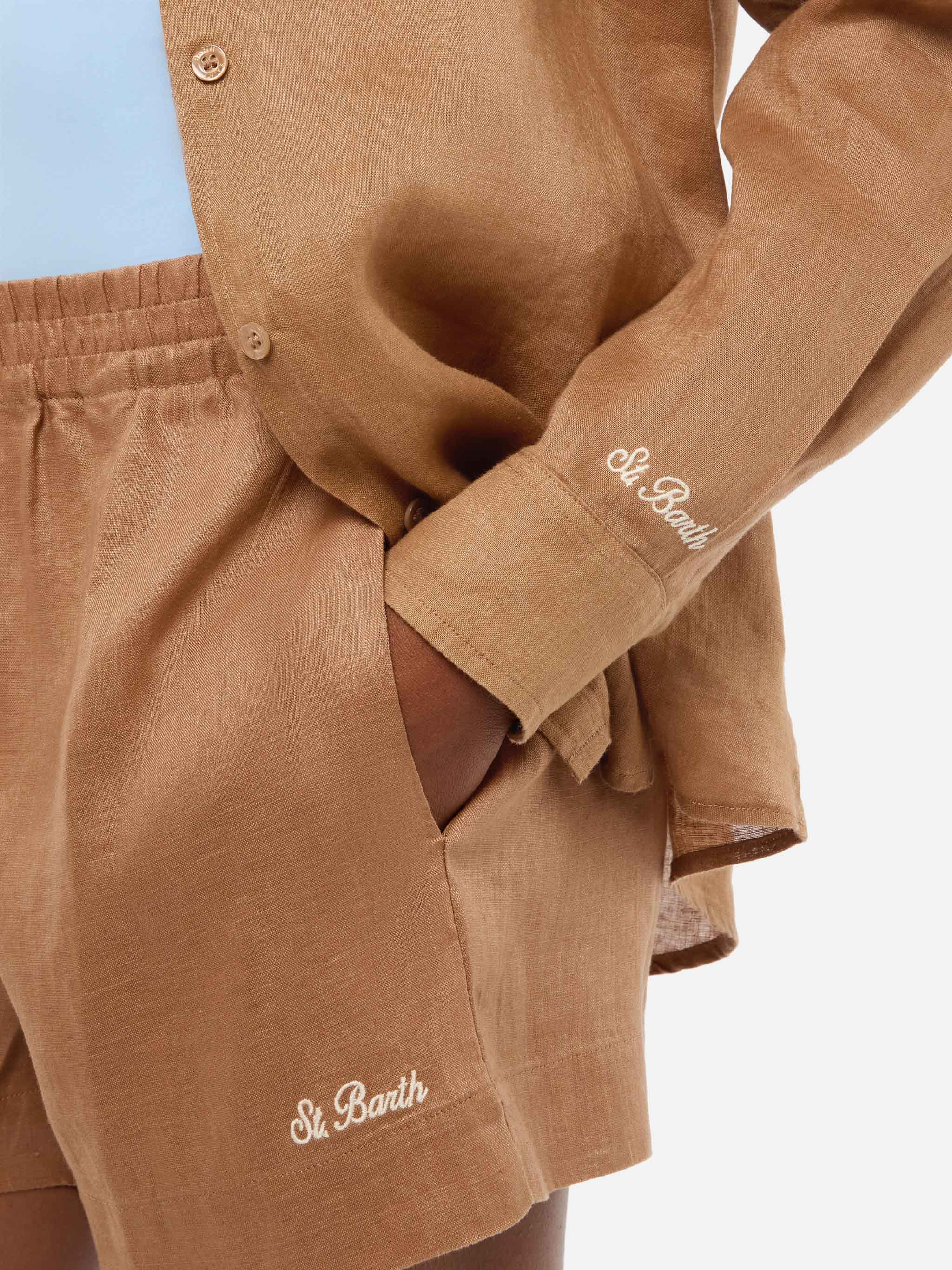 Meredith Camel Linen Classic Shirt Brown