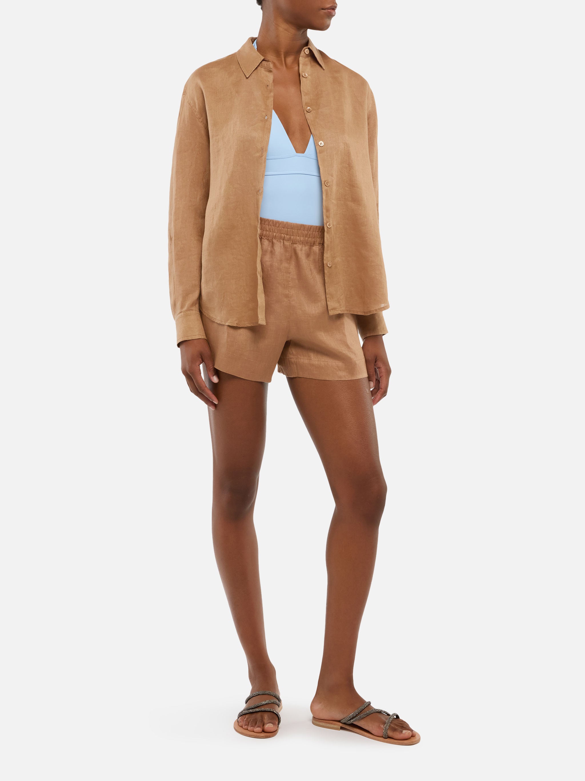 Meredith Camel Linen Classic Shirt Brown