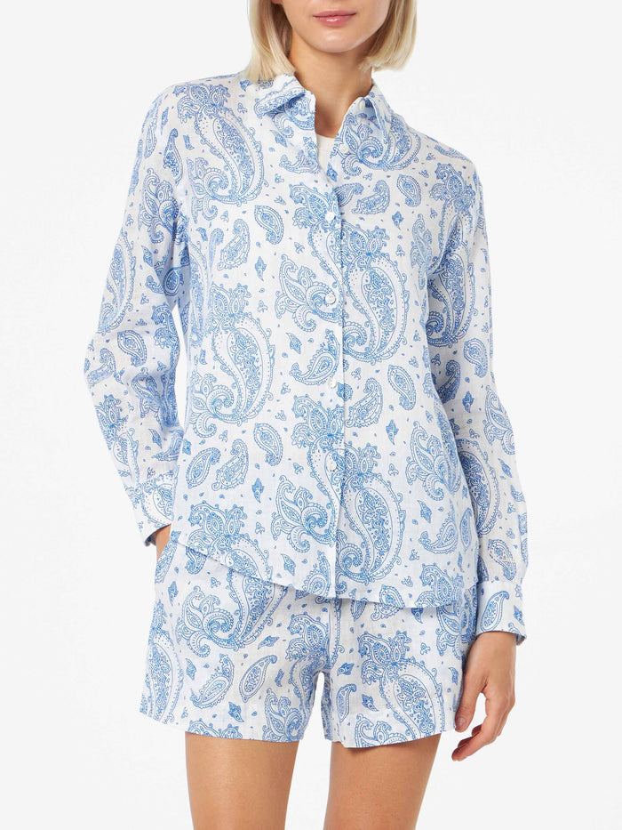 Meredith Paisley Linen Shirt Blue