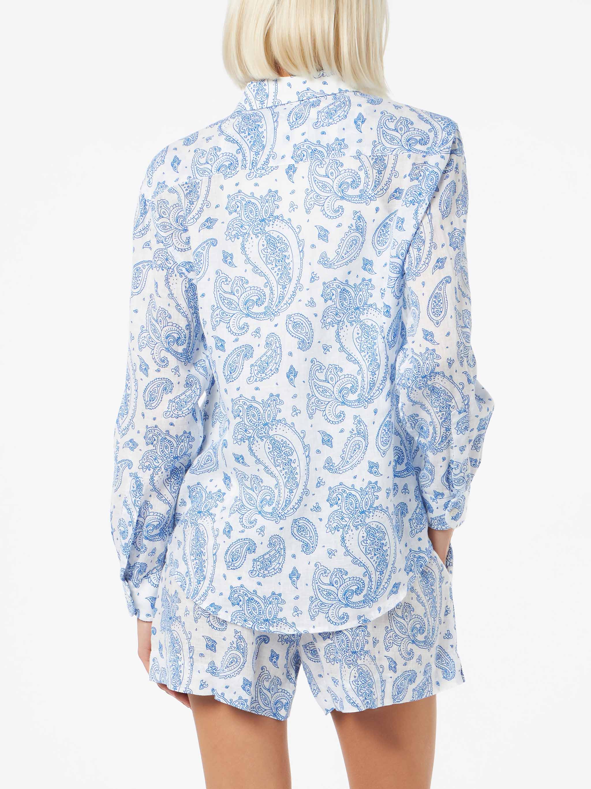 Meredith Paisley Linen Shirt Blue