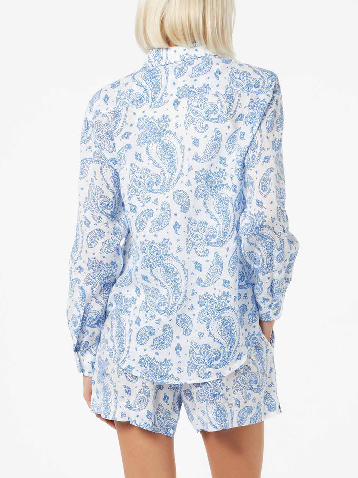 Meredith Paisley Linen Shirt Blue