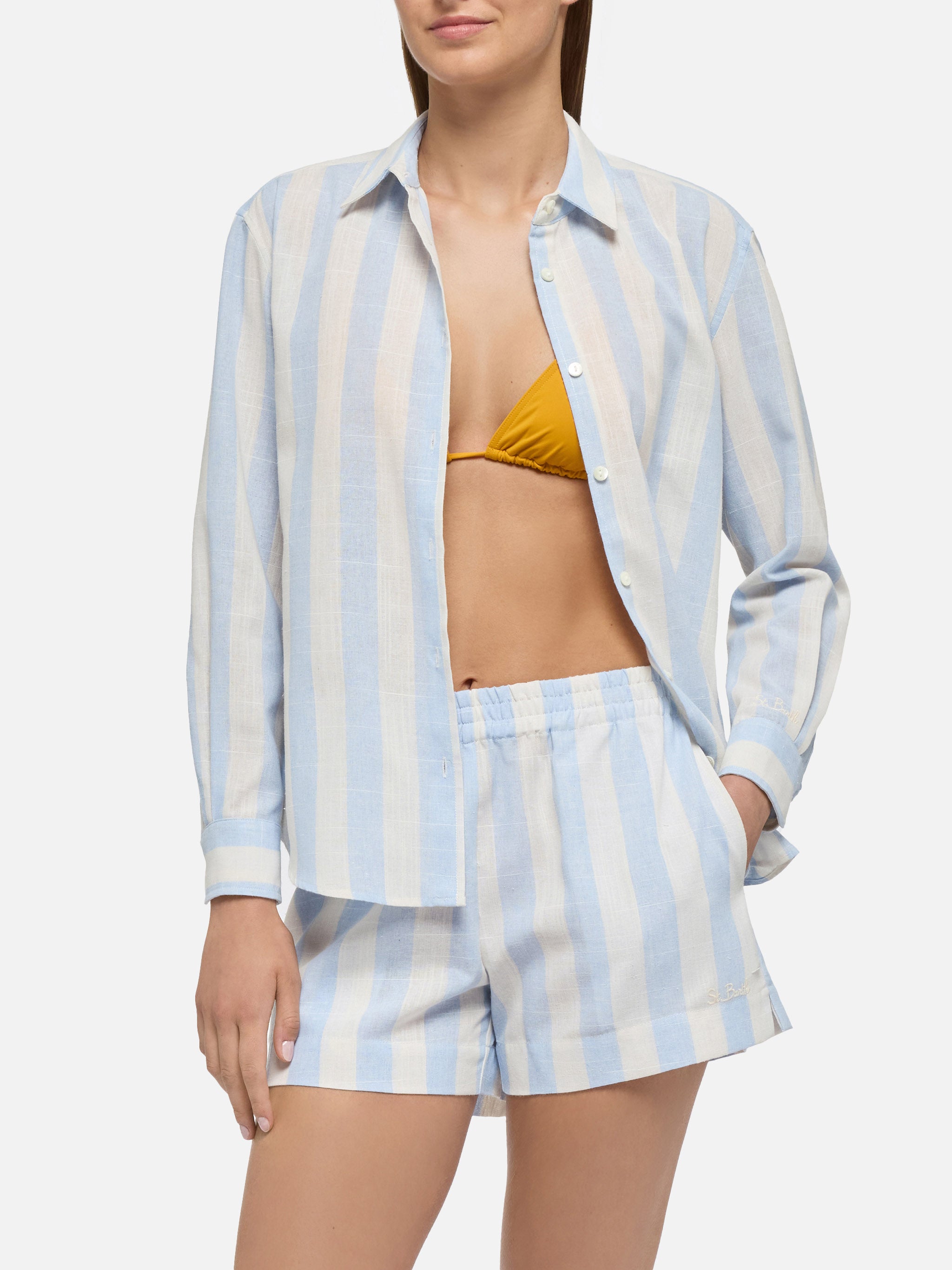 Meredith Cotton Classic Shirt With Light Blue Striped Print