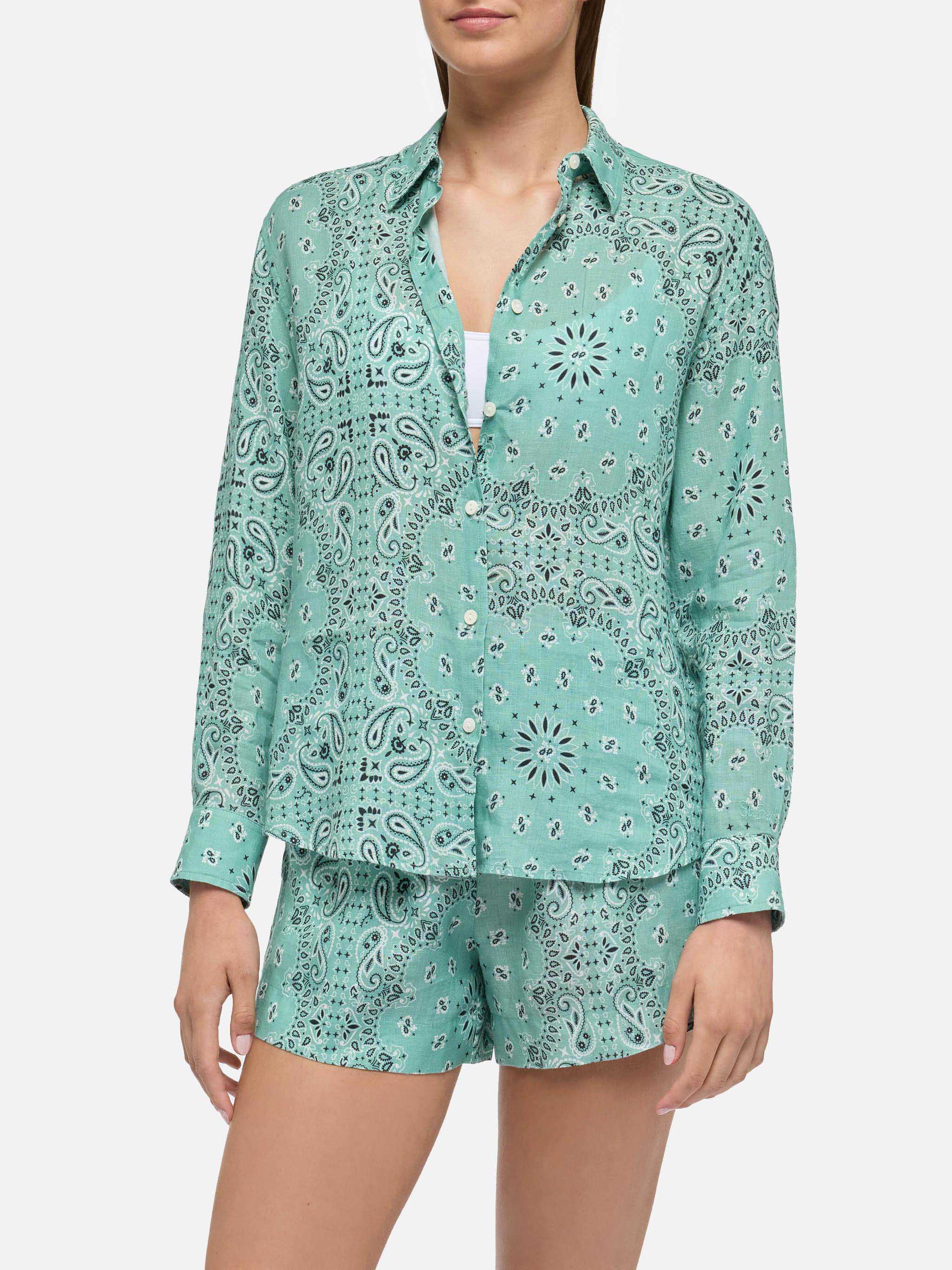 Meredith Linen Classic Shirt With Bandana Print Green