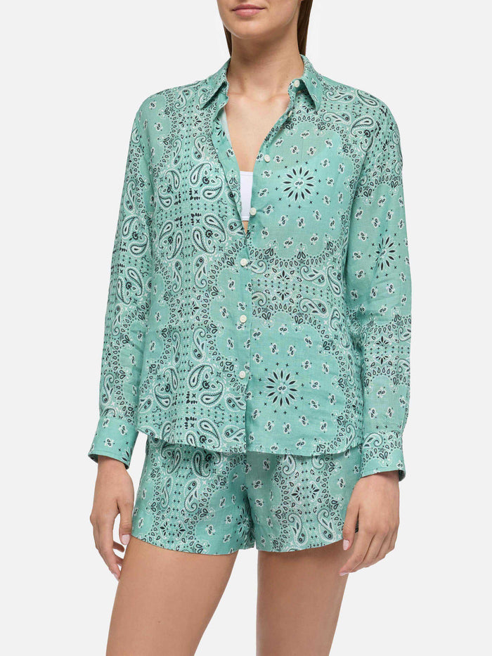 Meredith Linen Classic Shirt With Bandana Print Green