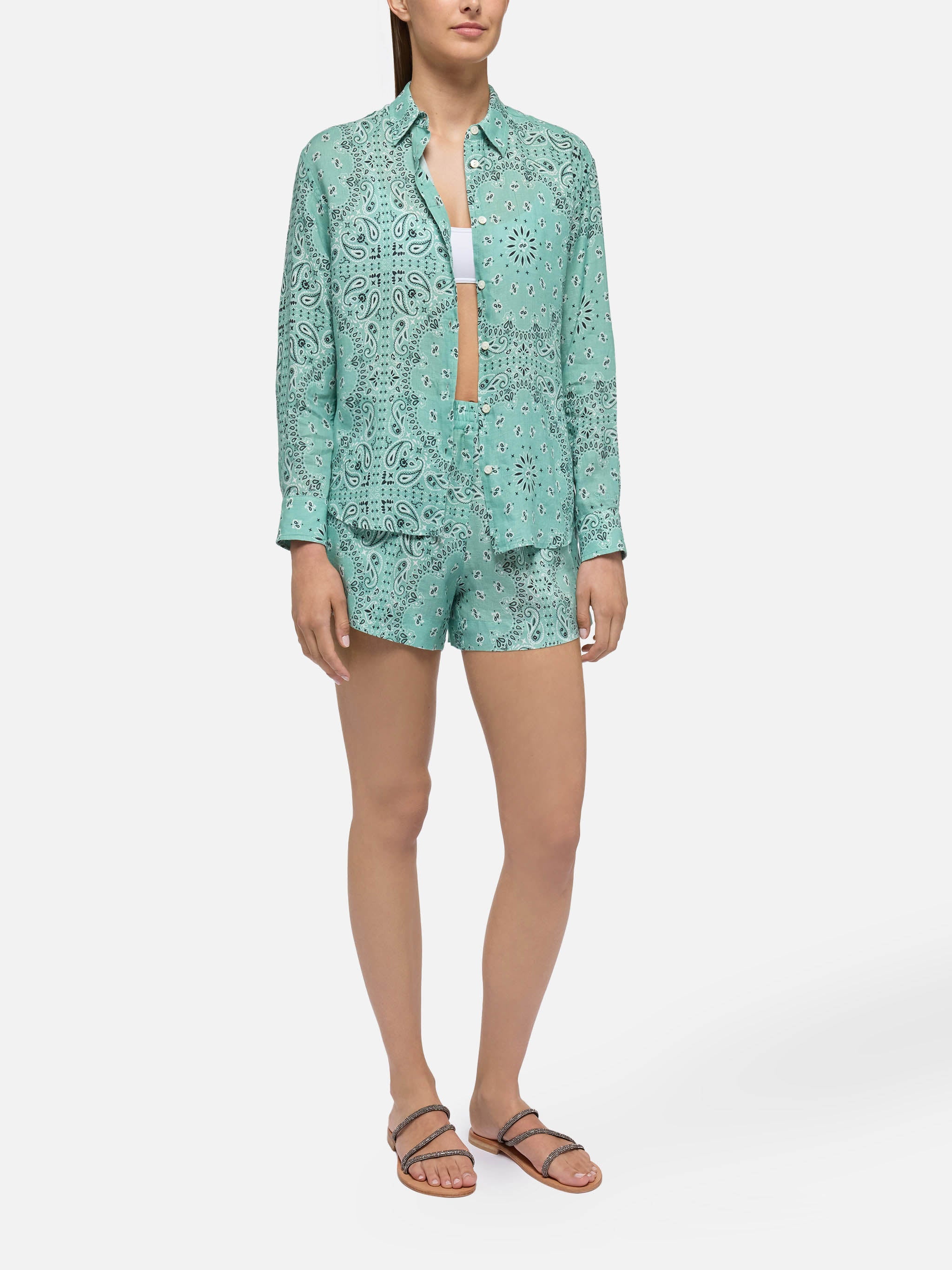 Meredith Linen Classic Shirt With Bandana Print Green