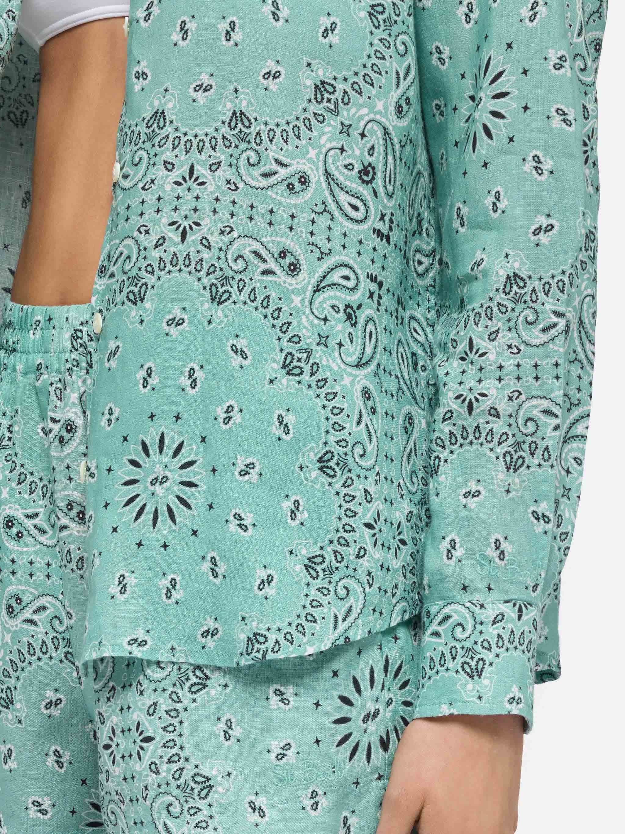 Meredith Linen Classic Shirt With Bandana Print Green