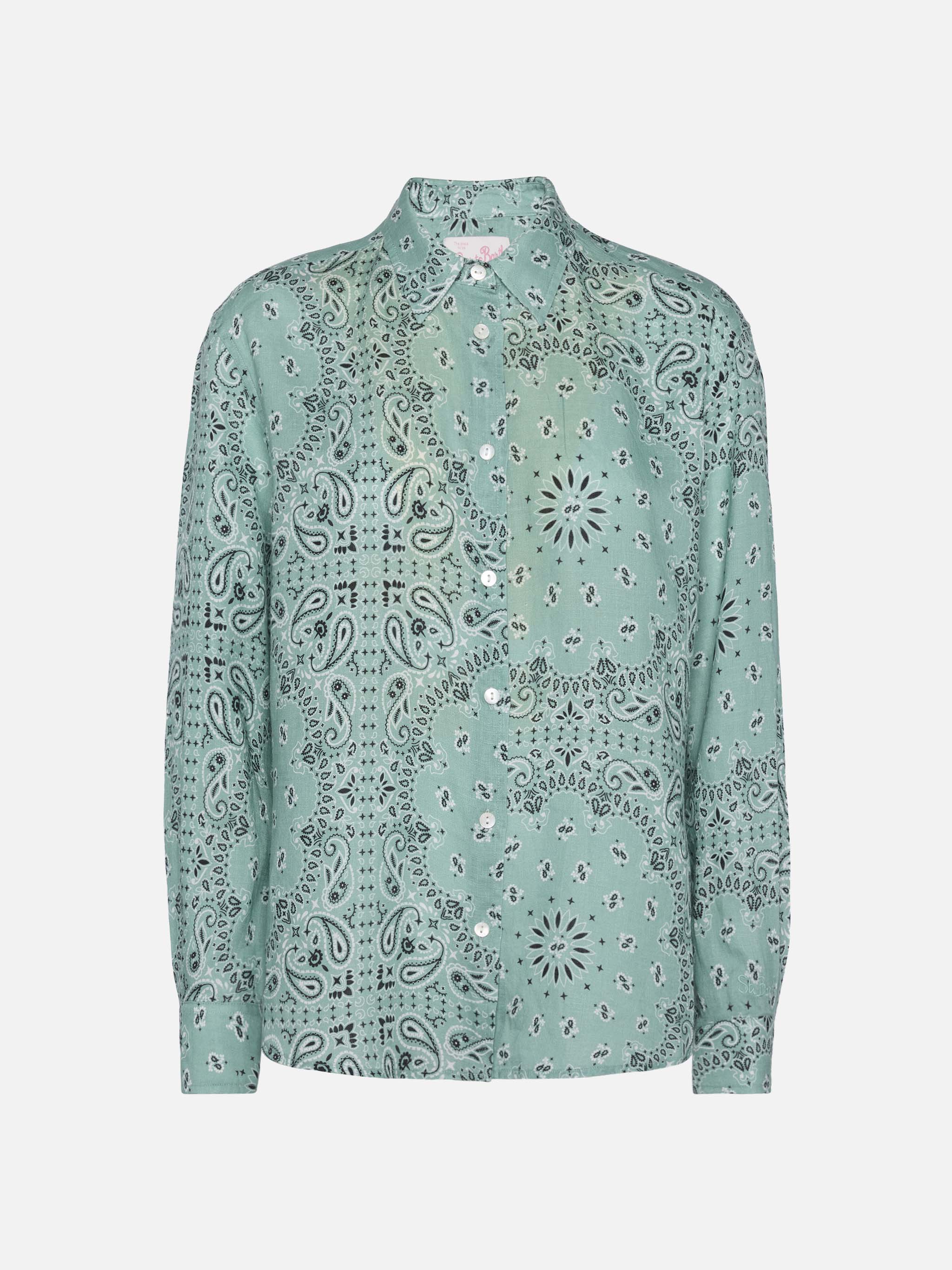 Meredith Linen Classic Shirt With Bandana Print Green