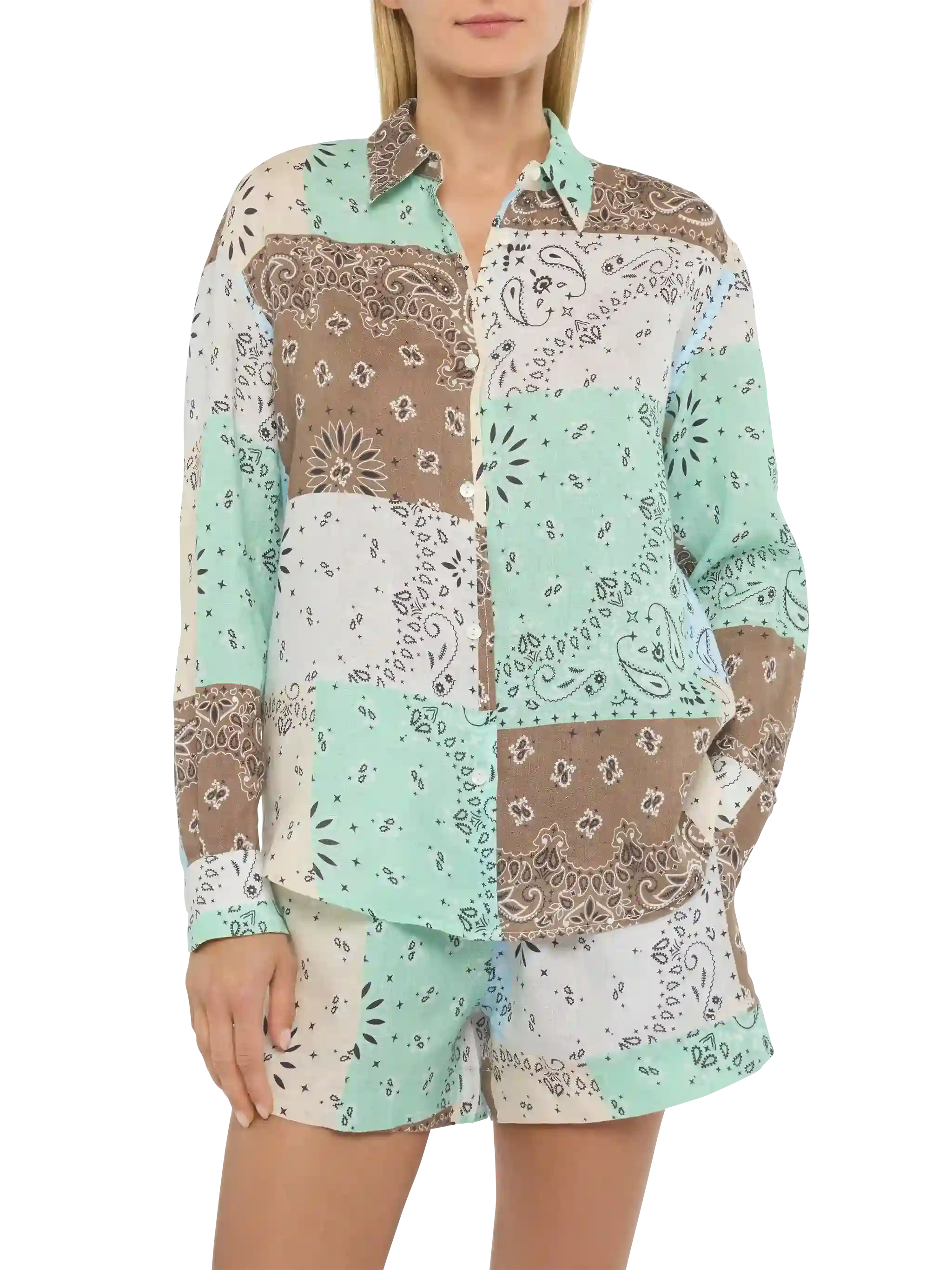 Meredith Linen Classic Shirt With Bandana Patch Print Brown