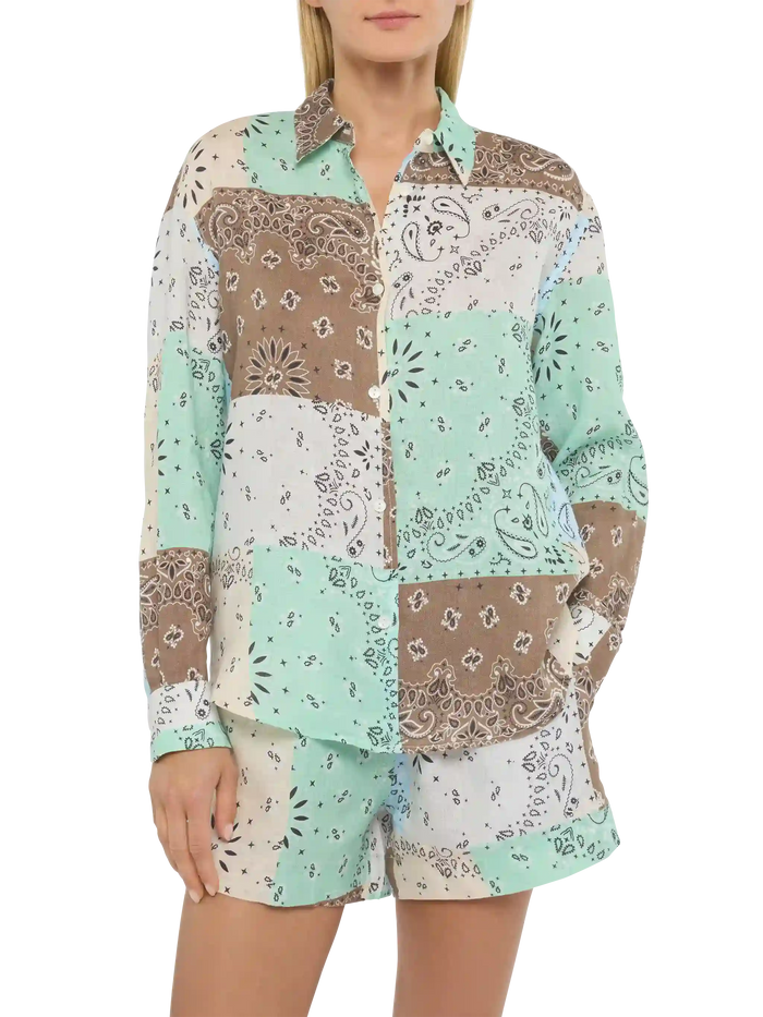 Meredith Linen Classic Shirt With Bandana Patch Print Brown