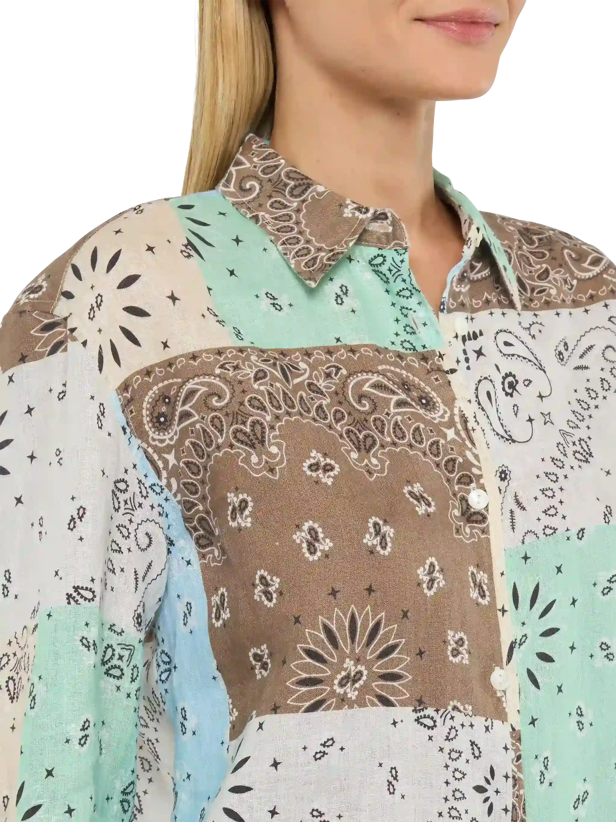 Meredith Linen Classic Shirt With Bandana Patch Print Brown