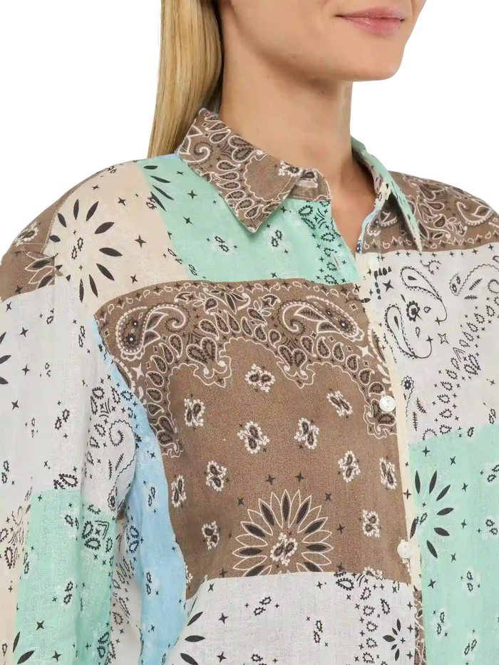 Meredith Linen Classic Shirt With Bandana Patch Print Brown
