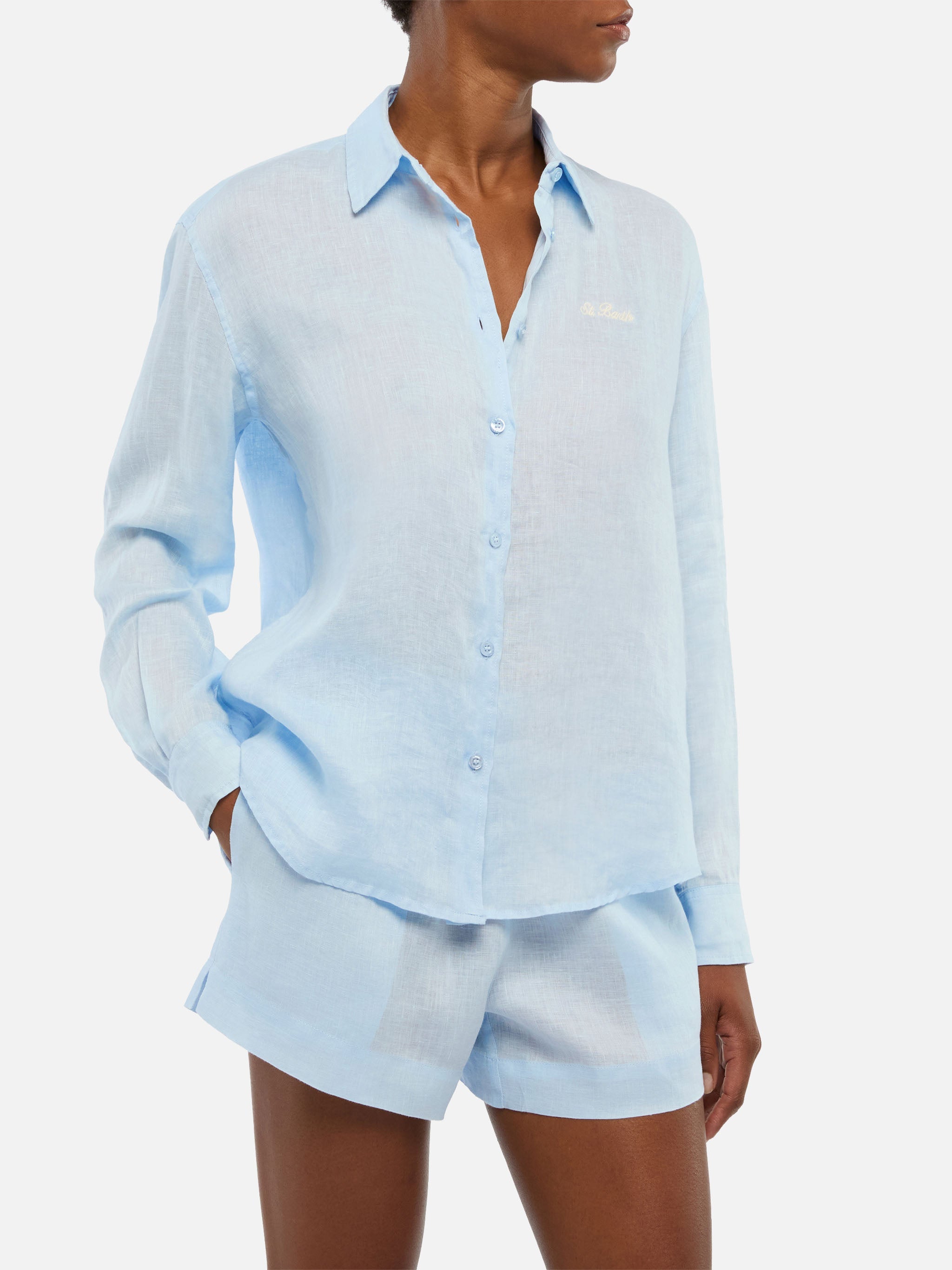 Meredith Linen Classic Shirt With Saint Barth Embroidery Sky