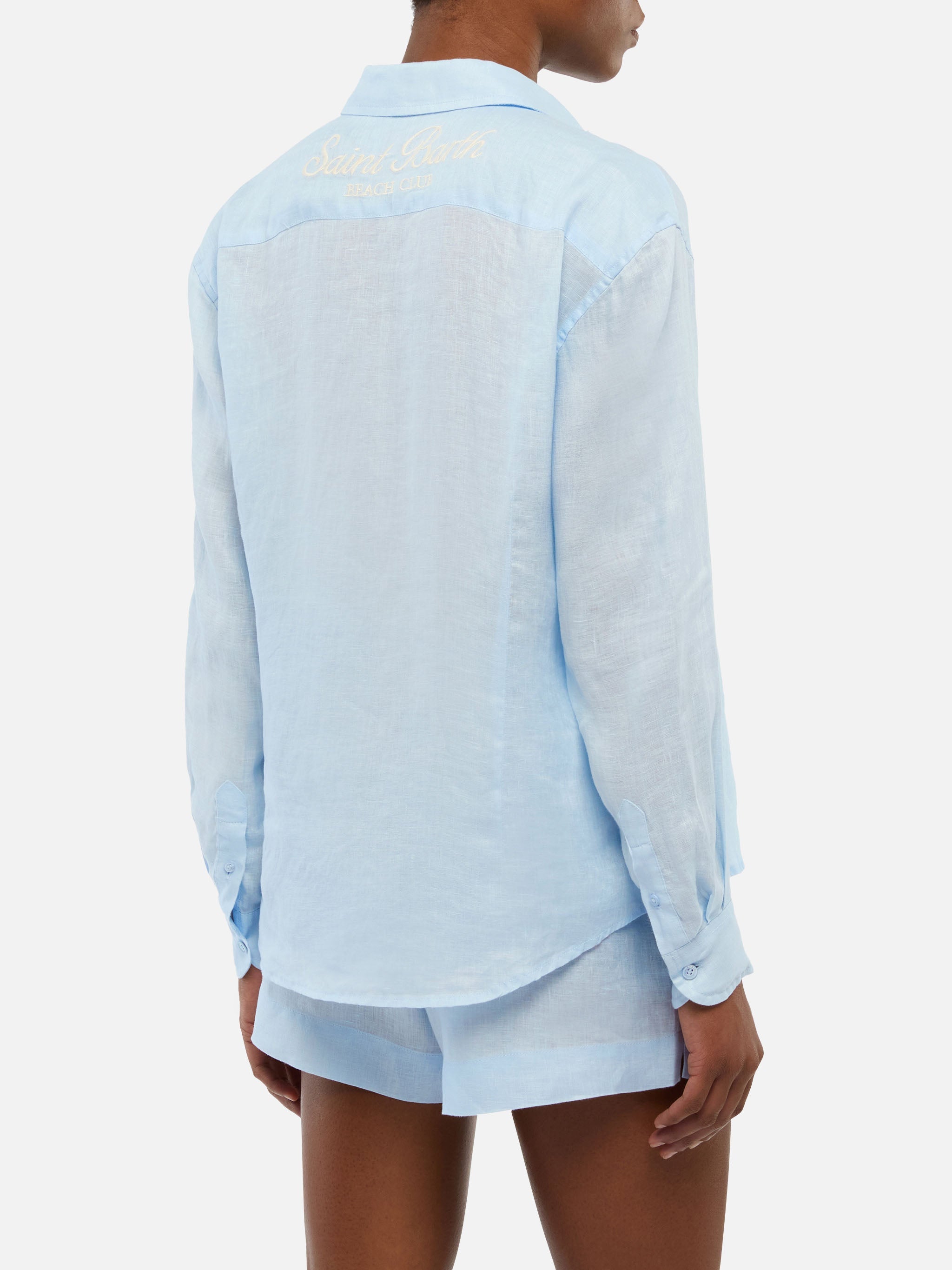 Meredith Linen Classic Shirt With Saint Barth Embroidery Sky