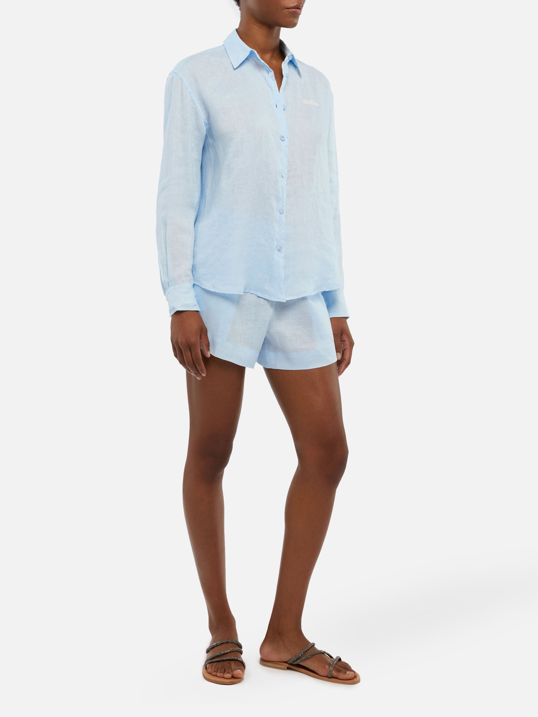 Meredith Linen Classic Shirt With Saint Barth Embroidery Sky