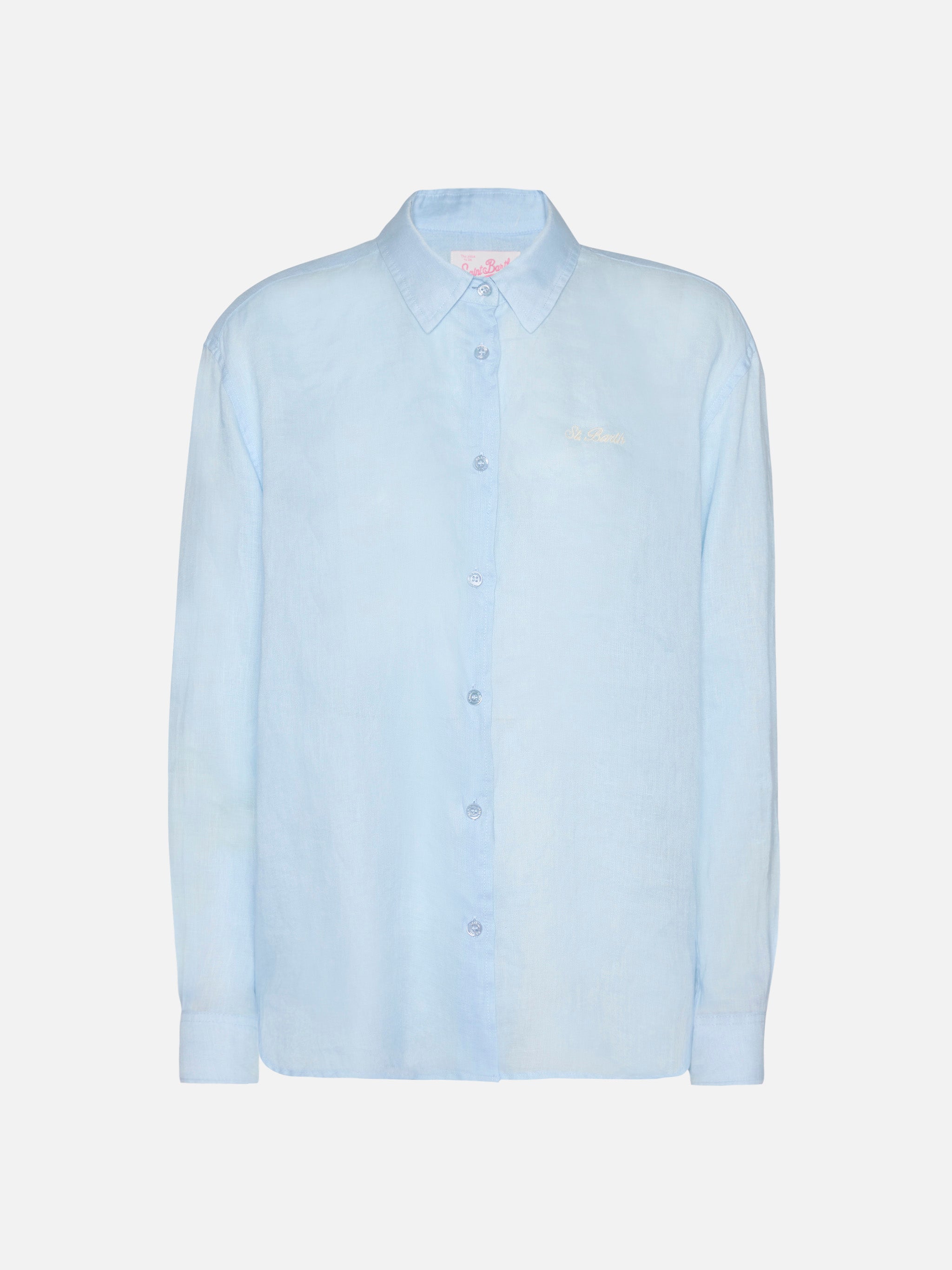 Meredith Linen Classic Shirt With Saint Barth Embroidery Sky