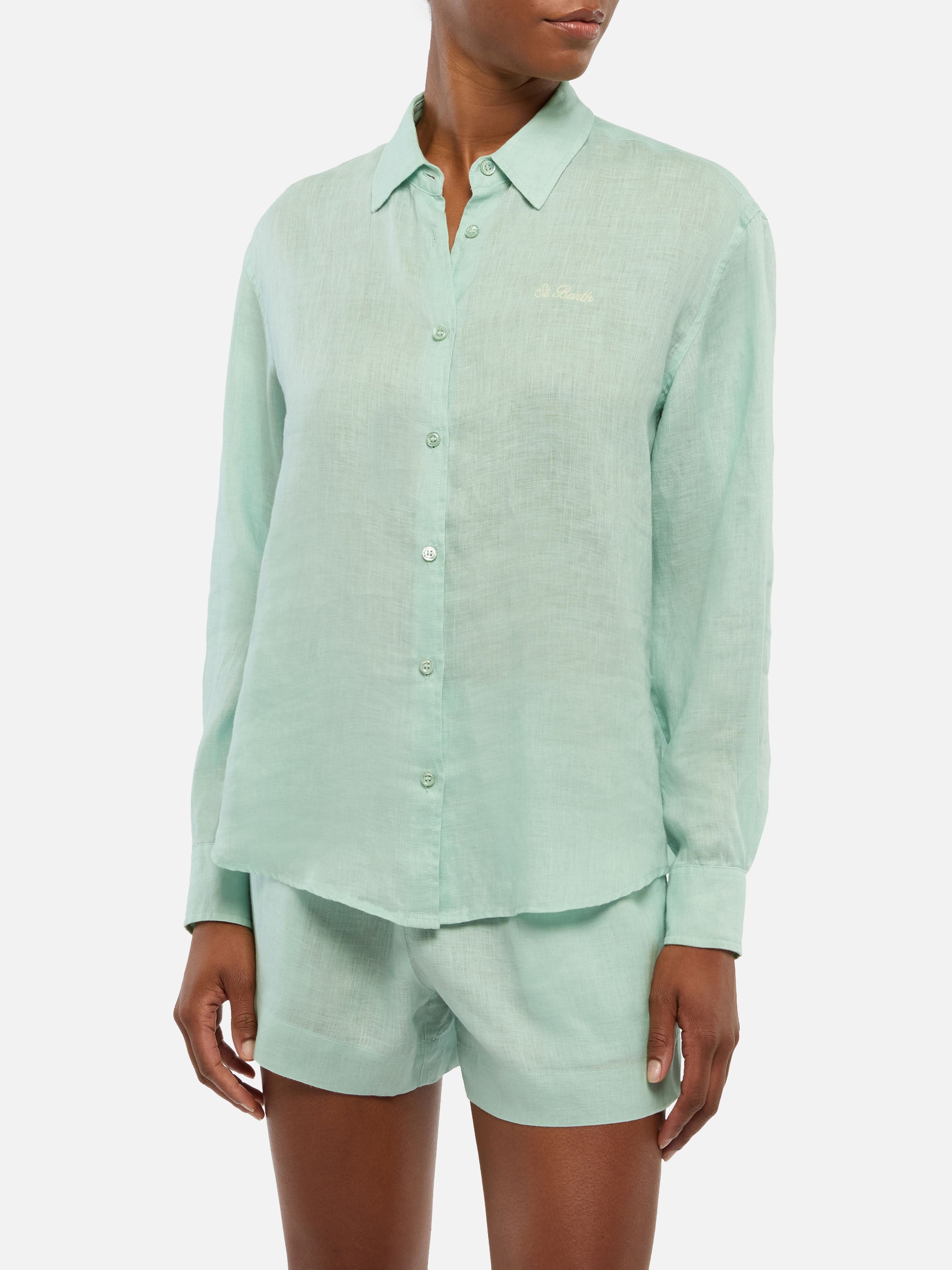 Meredith Linen Classic Shirt With Saint Barth Embroidery Green