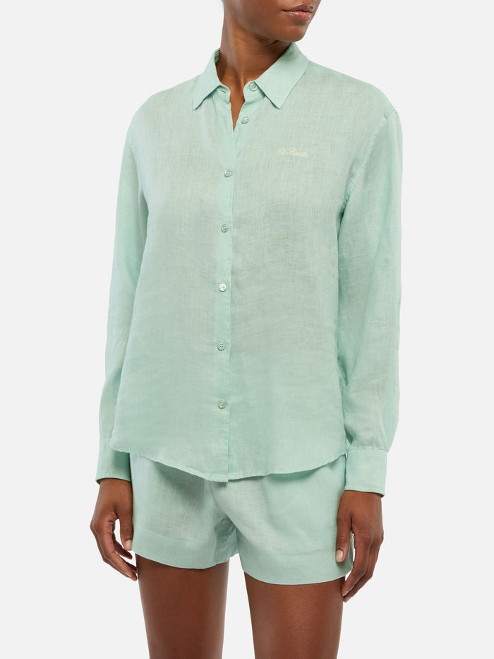 Meredith Linen Classic Shirt With Saint Barth Embroidery Green