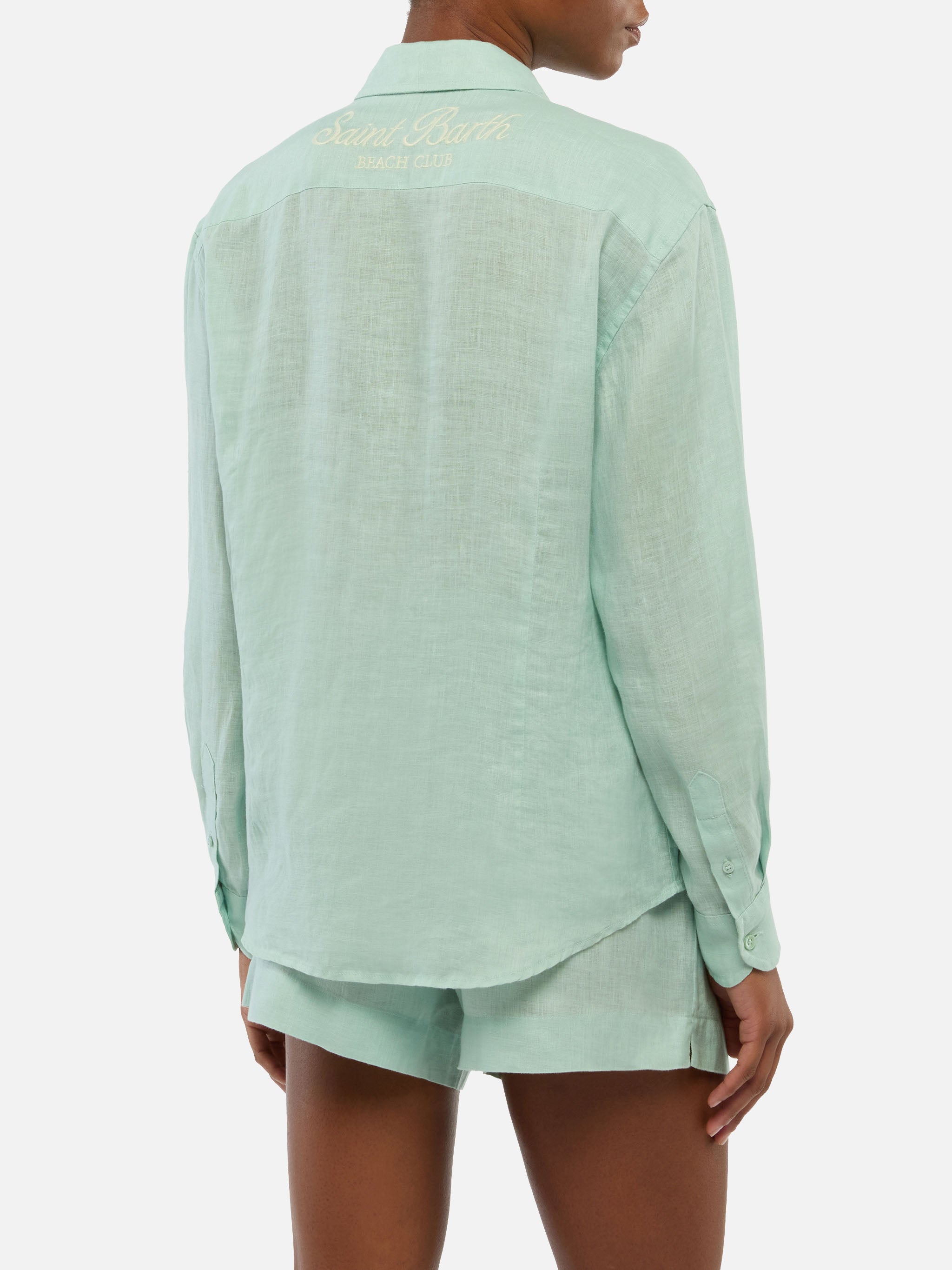 Meredith Linen Classic Shirt With Saint Barth Embroidery Green