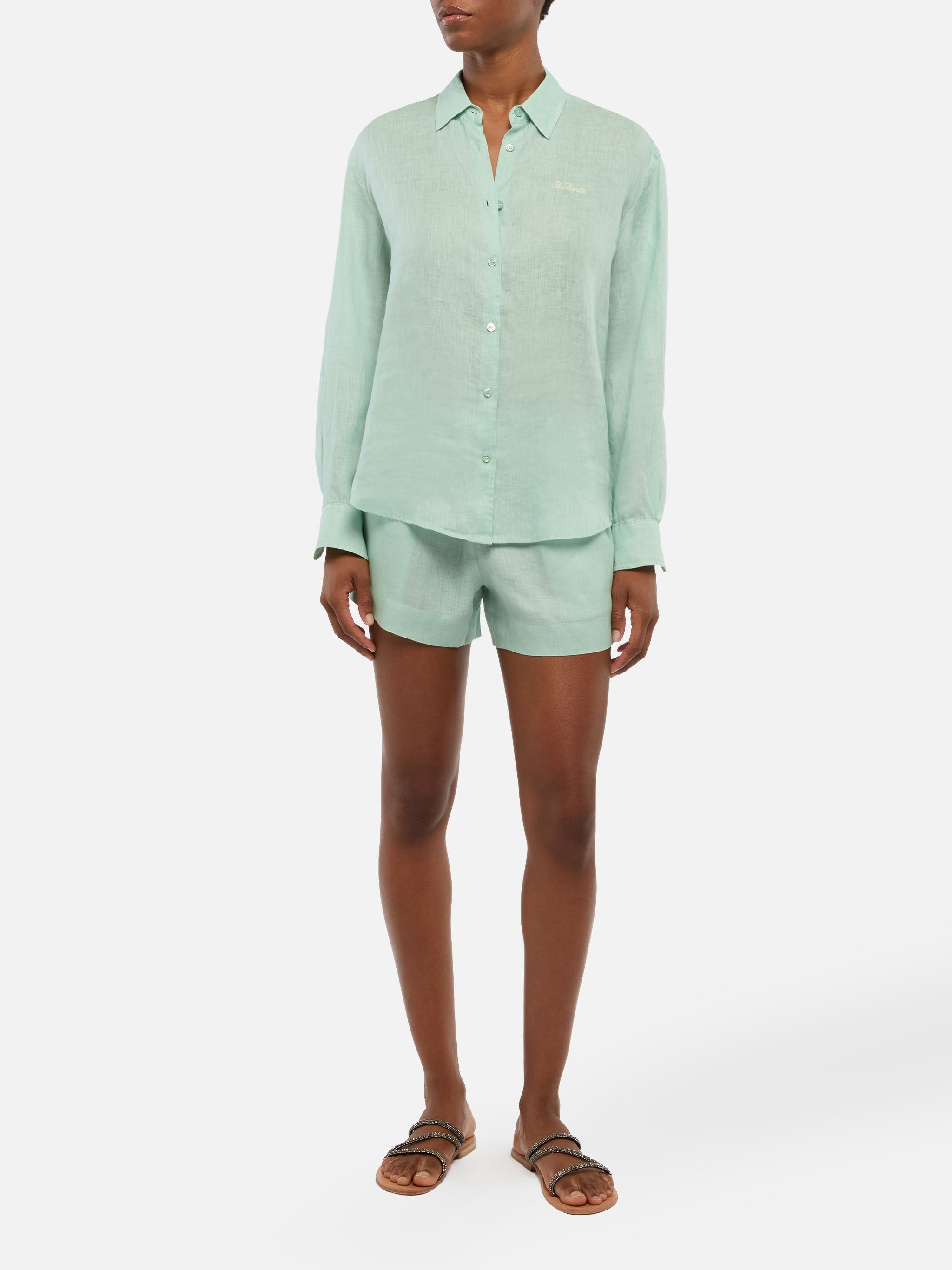 Meredith Linen Classic Shirt With Saint Barth Embroidery Green