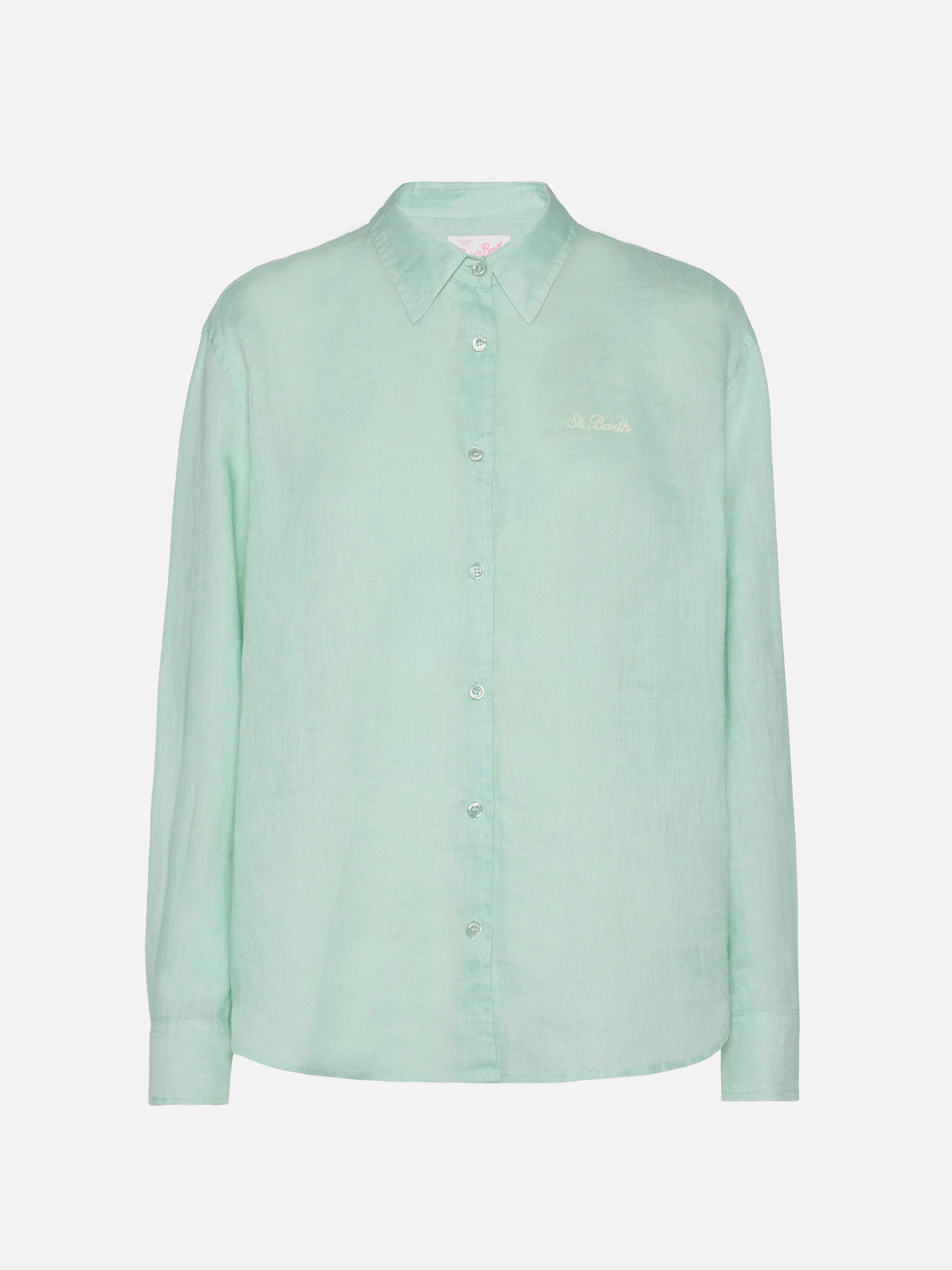 Meredith Linen Classic Shirt With Saint Barth Embroidery Green