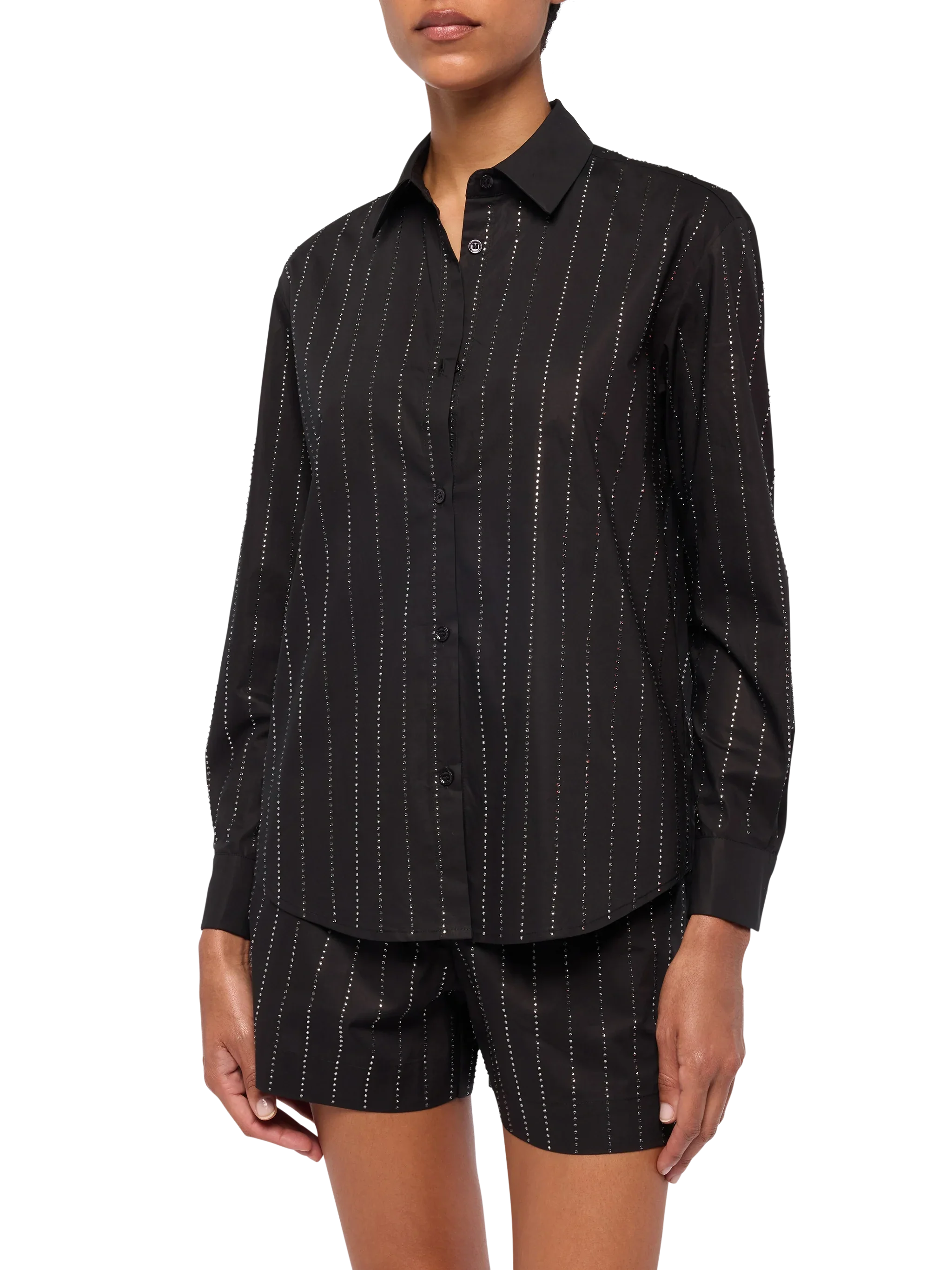 Meredith Cotton Popeline Classic Shirt With Striped Rhinestone Embellishment Black